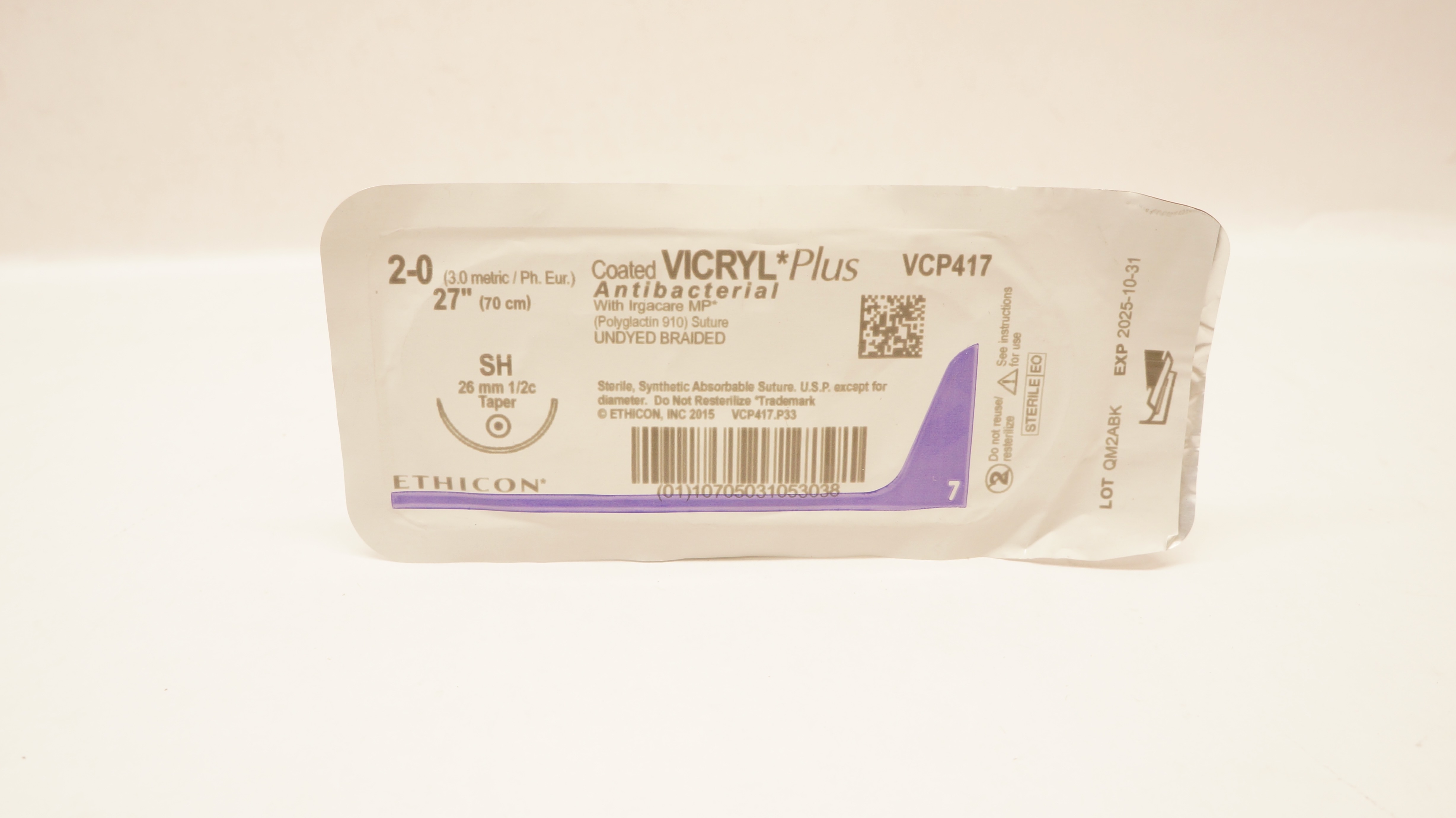 Ethicon VCP417 2-0 Coated VICRYL Plus Stre SH 26mm 1/2c Taper, 27 inch