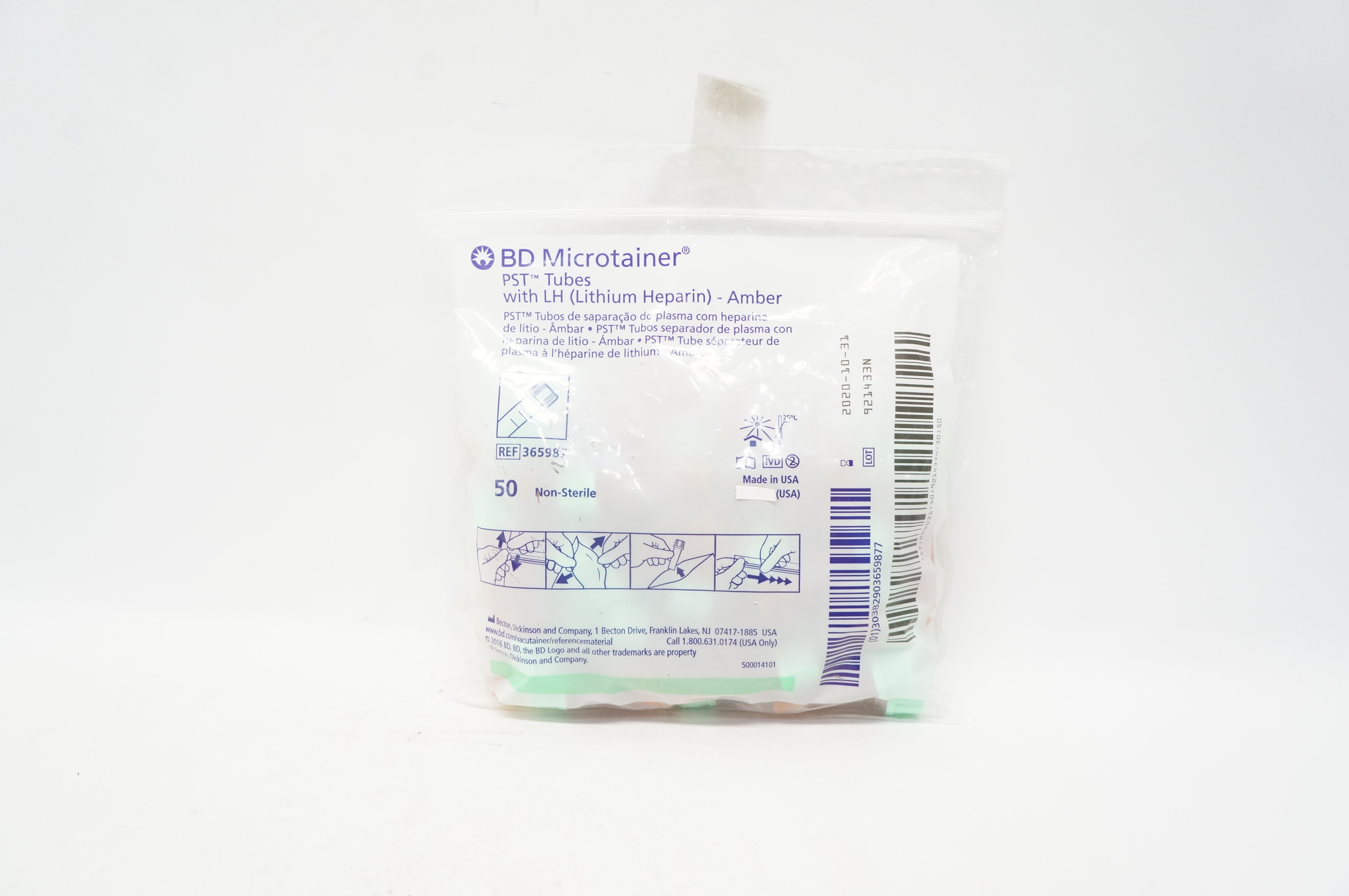 BD 365987 Microtainer PST Tubes with LH (Lithium Heparin) Amber (x) - Pack of 50