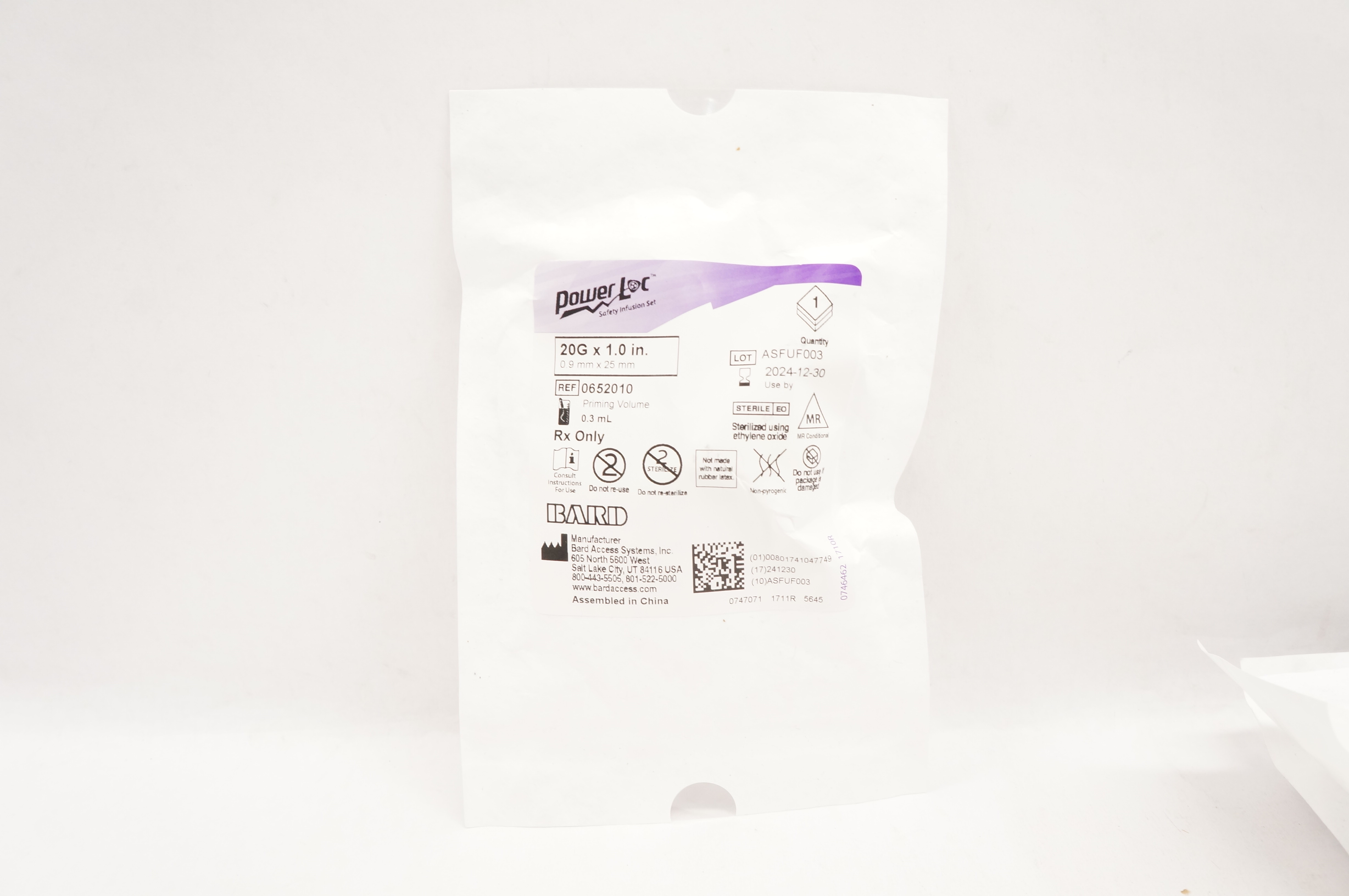 Bard 0652010 Power Loc Safety Infusion Set 20G x 1.0 inch, Priming Volume 0.3mL