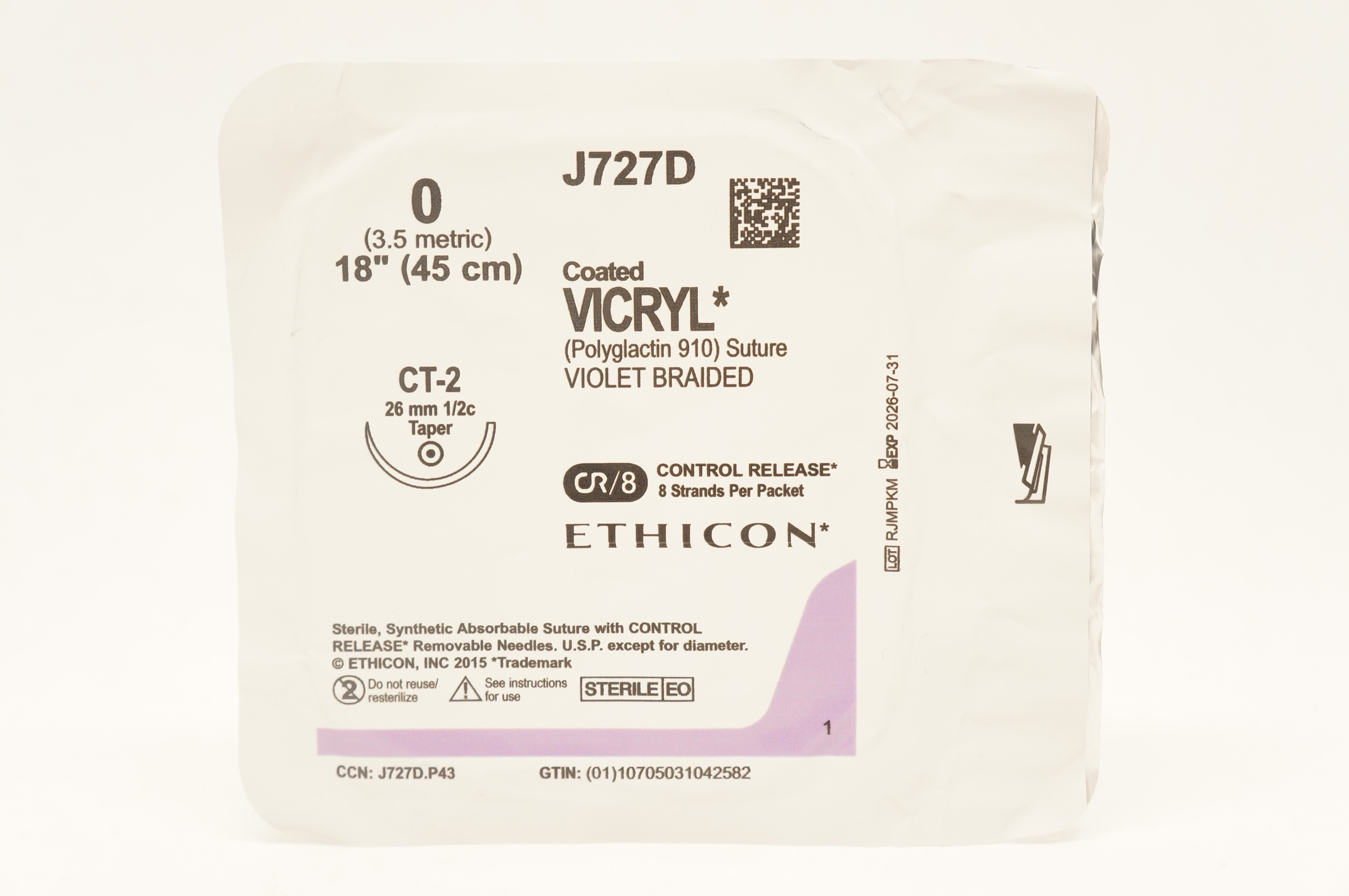 Ethicon J727D 0 Coated VICRYL Polyglactin Stre CT-2 26mm 1/2c Taper, 18inch