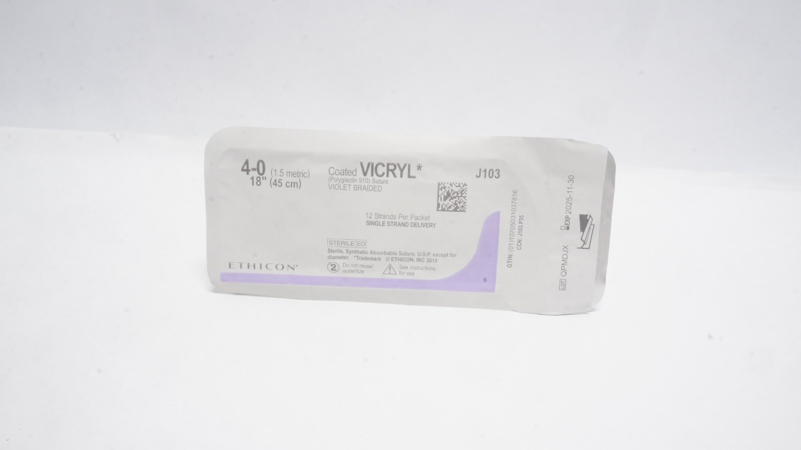 ETHICON J103 Coated VICRYL Suture 4-0 Violet 18" (45 cm)