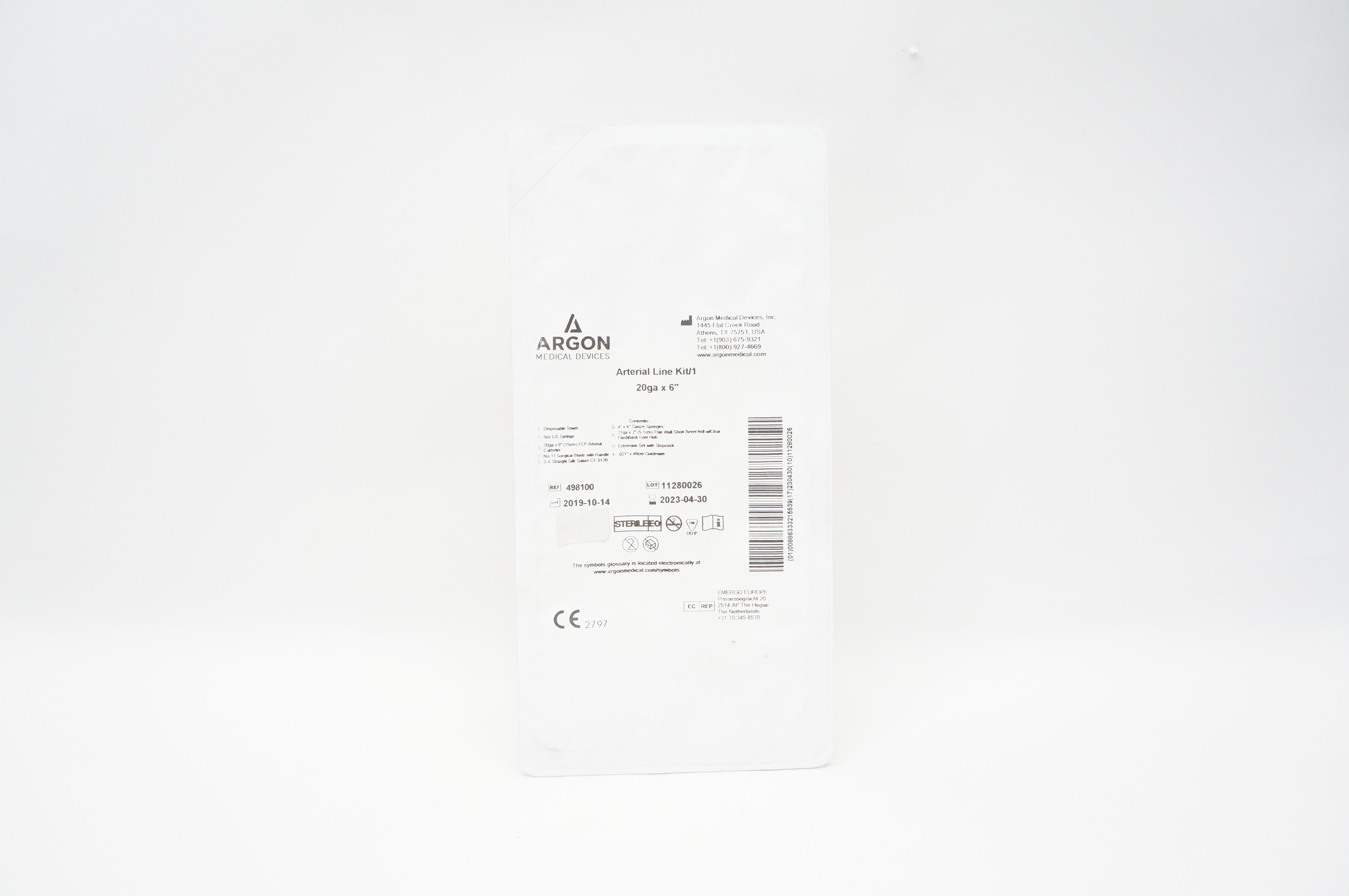 Argon Medical Devices 498100 Arterial Line Kit/1 20ga x 6inch