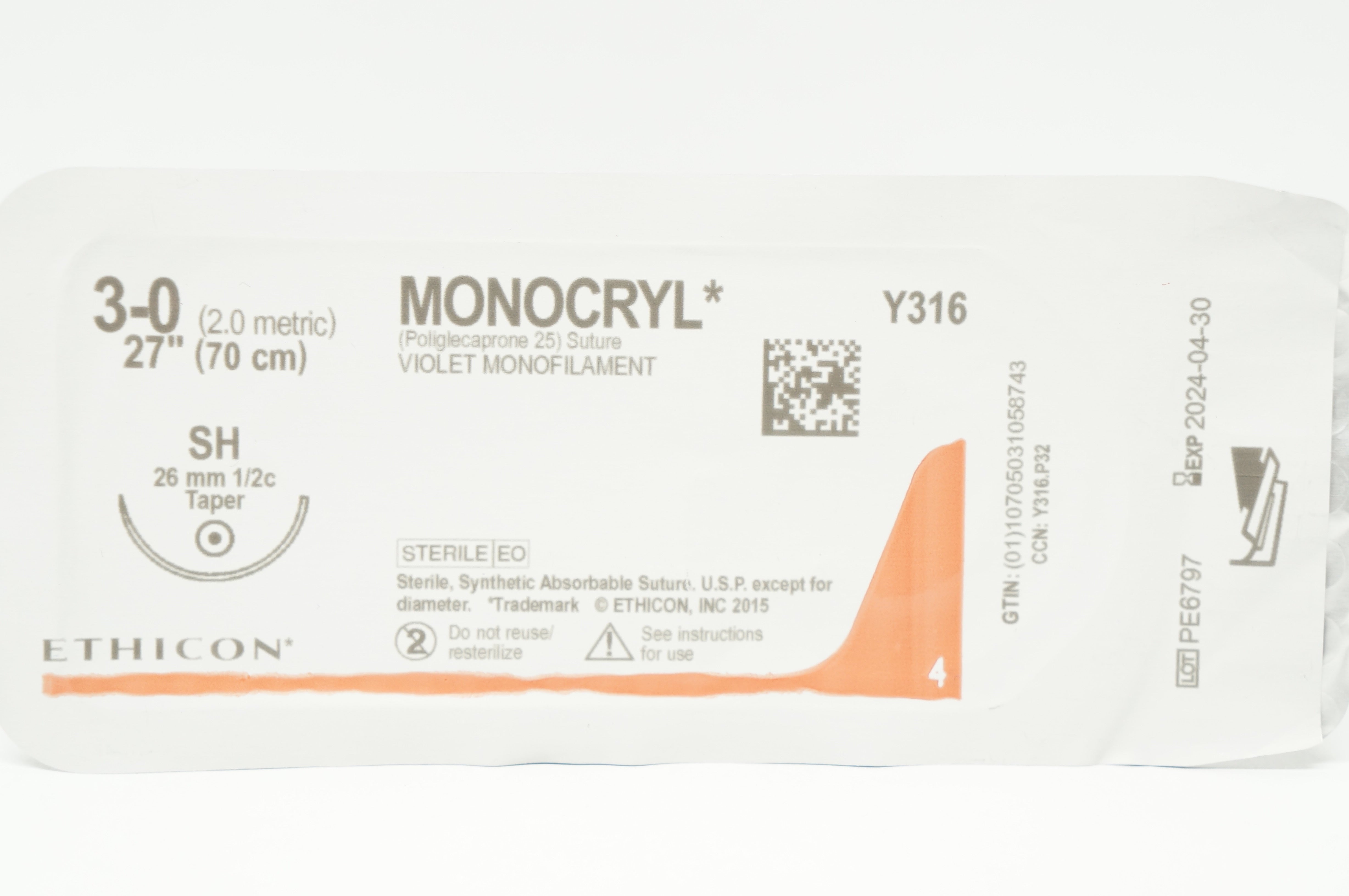 Ethicon Y316 3-0 Monocryl Violet Monofilament, SH 26mm 1/2c Taper, 27 inch
