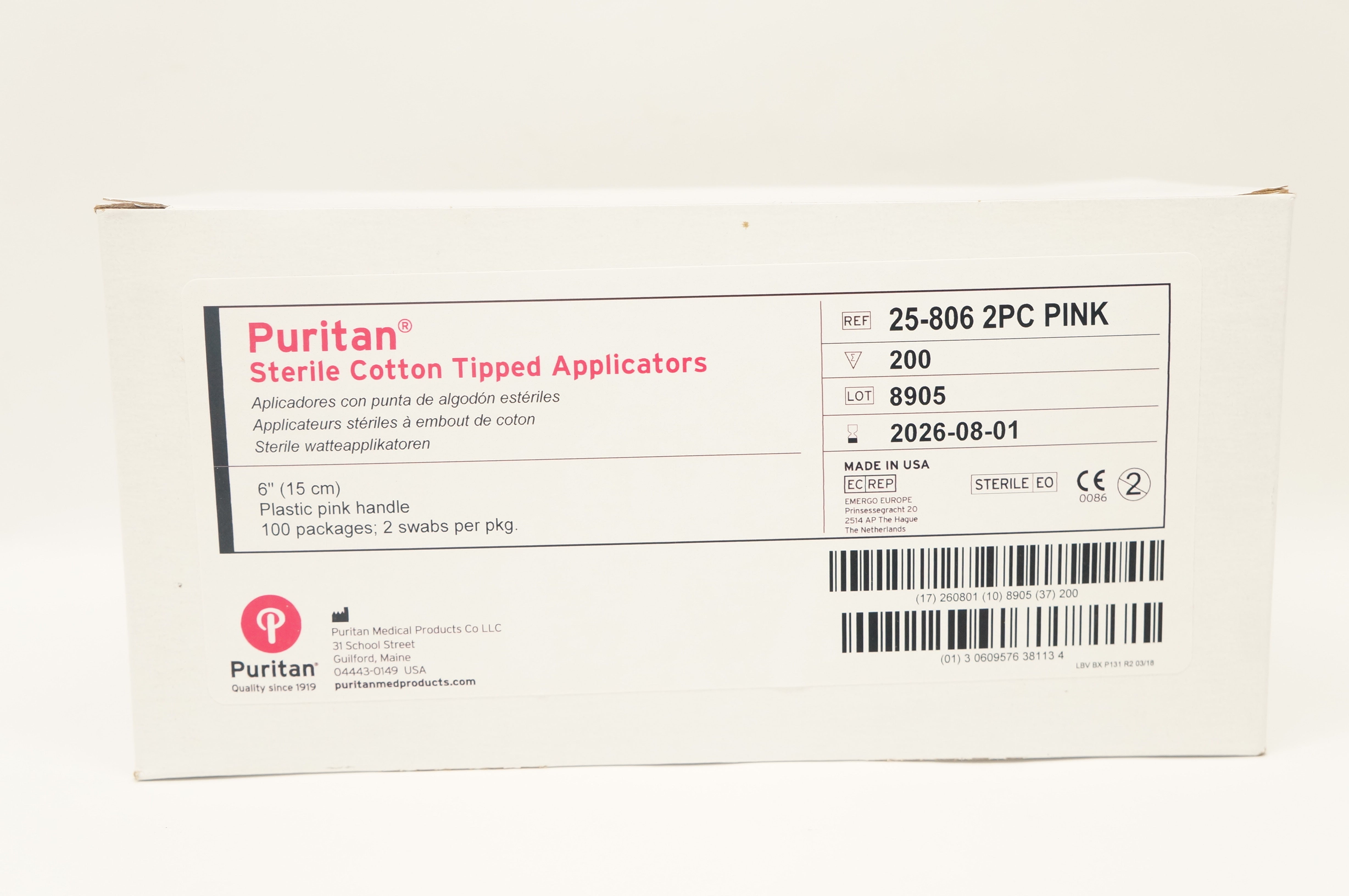 Puritan 25-806 2PC Pink Sterile Cotton Tipped Applicators 6inch - Pack of 200