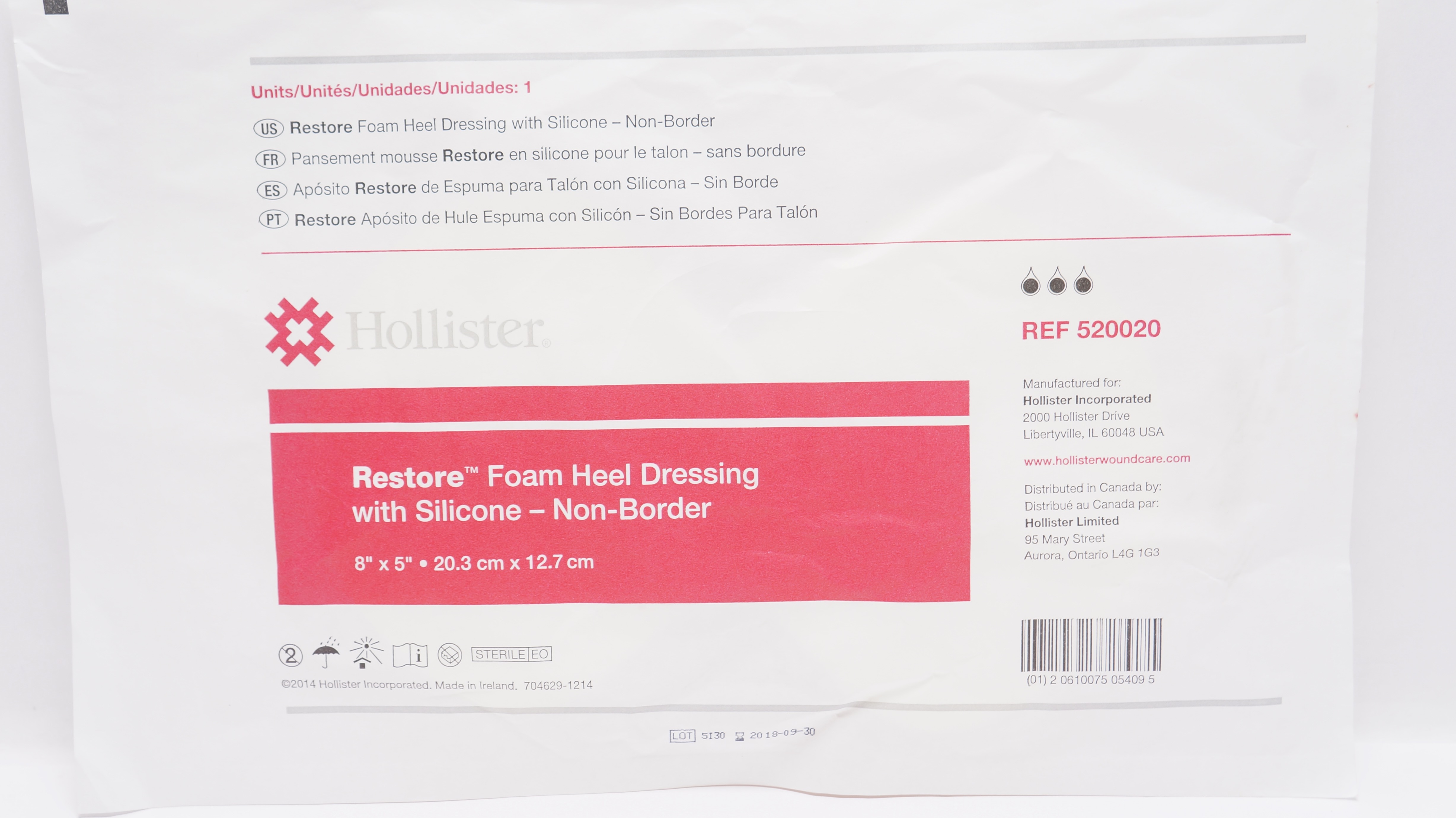 Hollister 520020 Restore Foam Heel Dressing w/Silicone 8inch x 5inch (x)