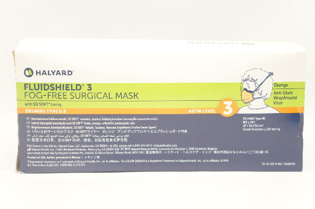 Halyard 48247 Fluidshield 3 Fog-Free Surgical Mask ASTM Level 3 - Box of 25 (x)