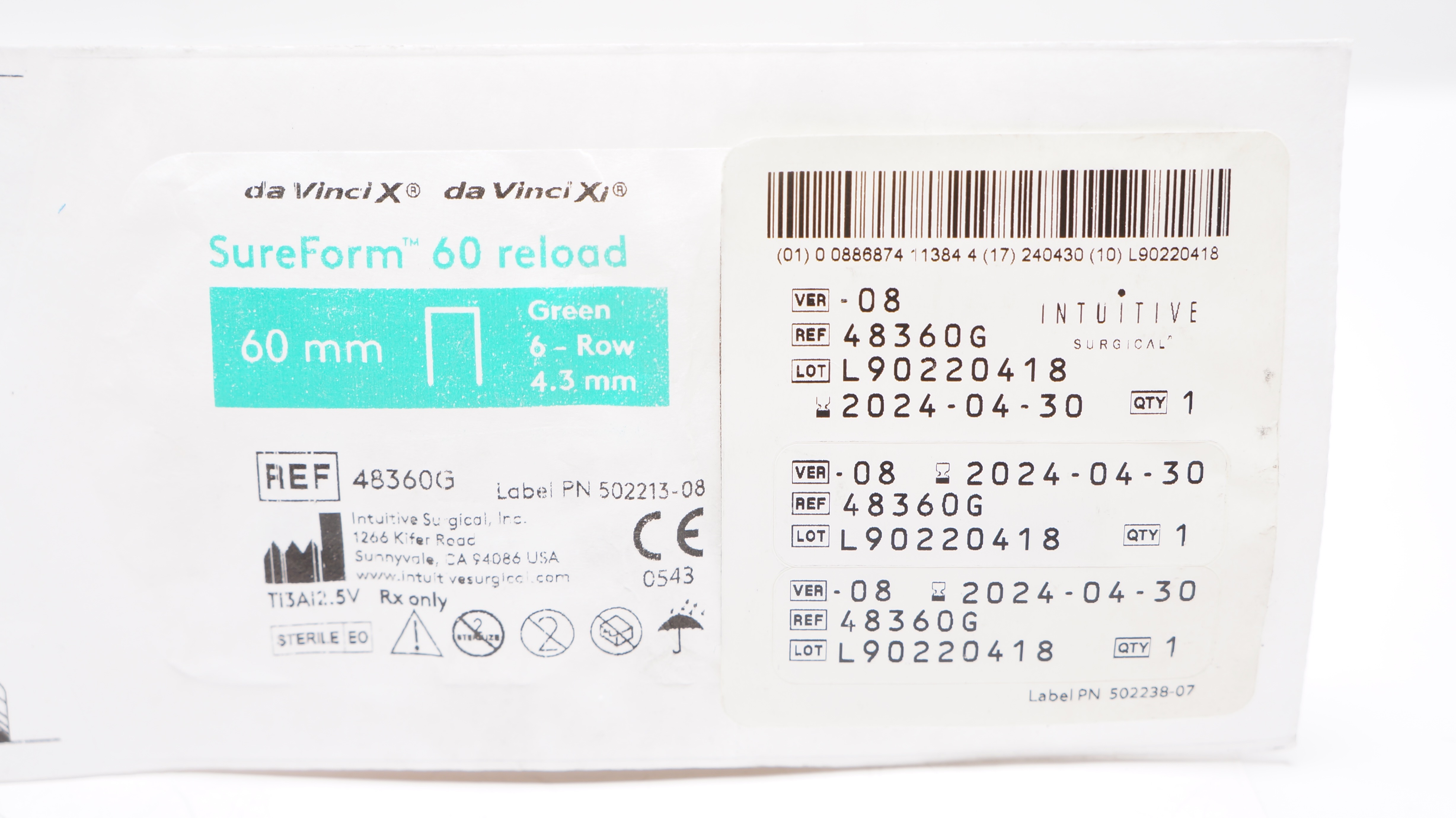 Intuitive 48360G da Vinci X, Xi SureForm Stapler 60mm Reload 6-Row Green, 4.3mm