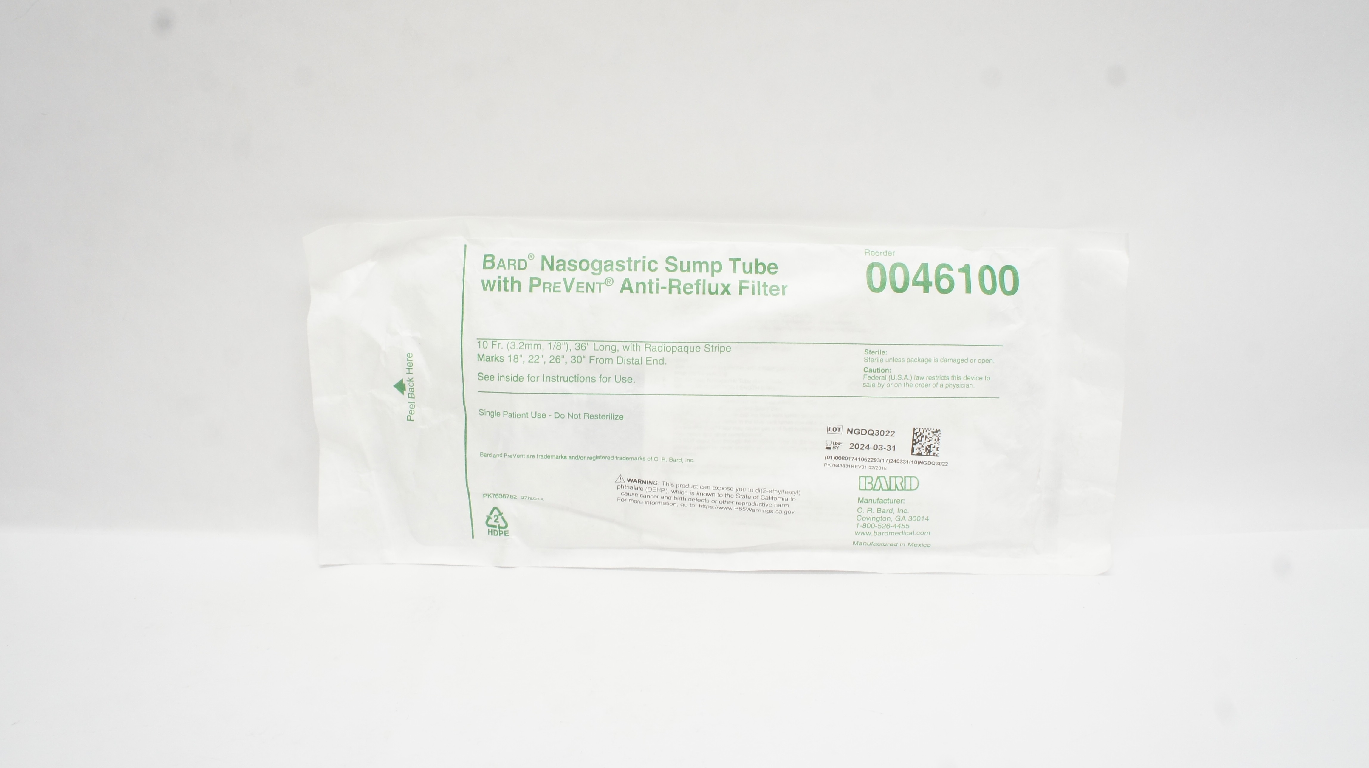 Bard 0046100 Nasogastric Sump Tube with PreVent Anti-Reflux Filter 10Fr x 36inch