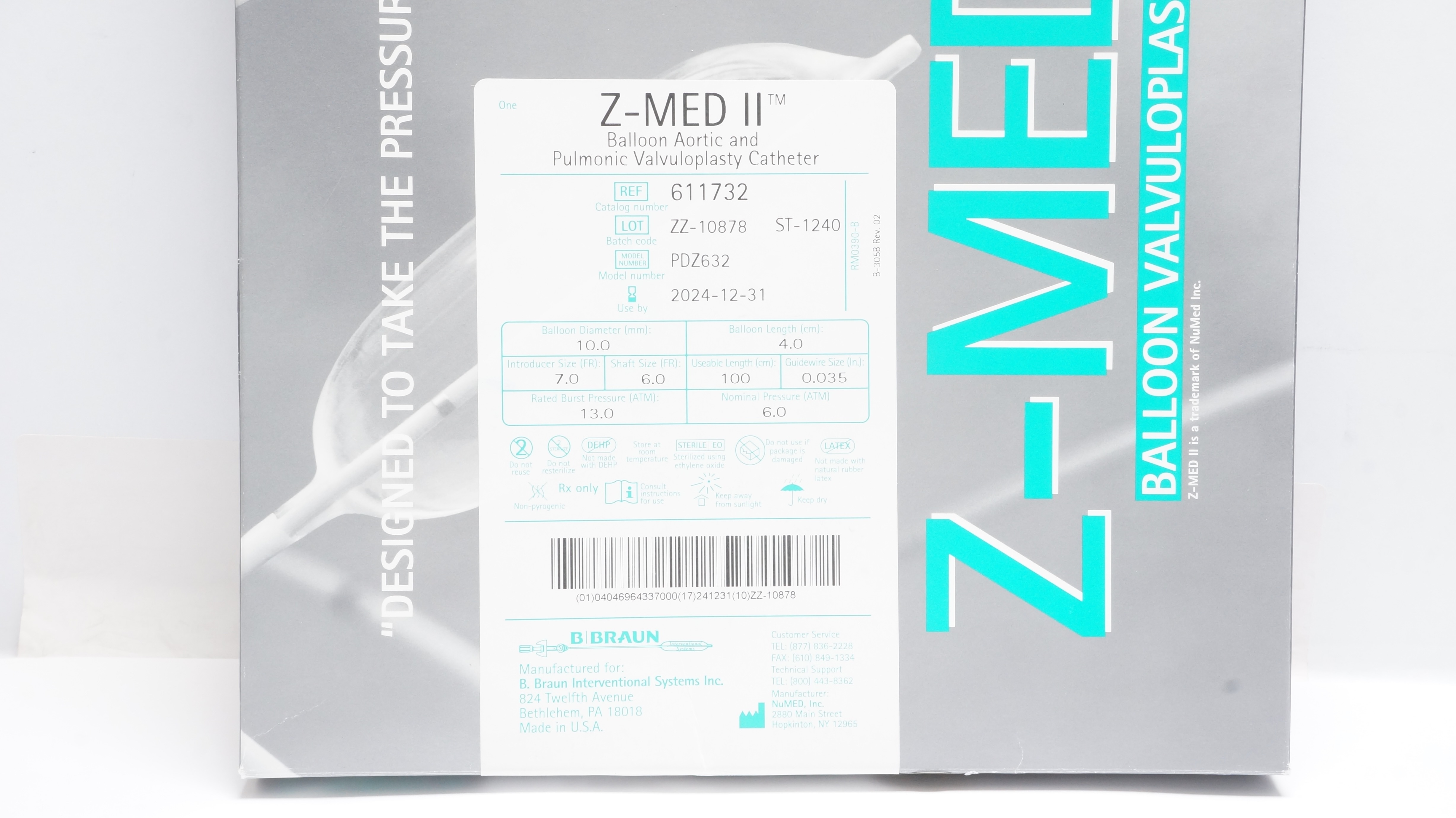 Braun 611732 Z-Med II balloon Aortic&Pulmonic Valvuloplasty Cath. 4.0 x 100cm(x)