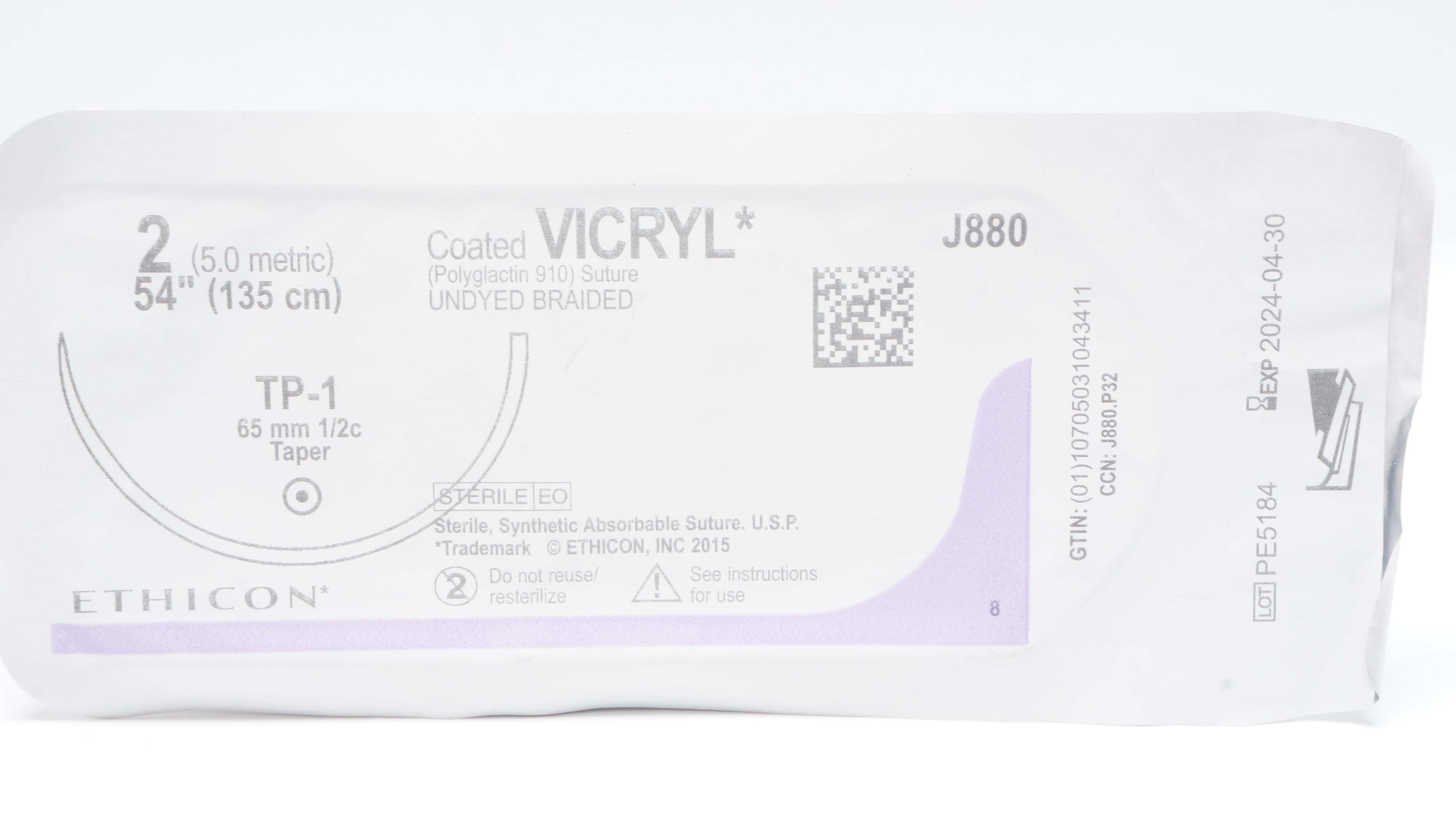 Ethicon J880 2 Coated Vicryl Undyed Braided Stre TP-1 65mm 1/2c Taper 54inch (x)