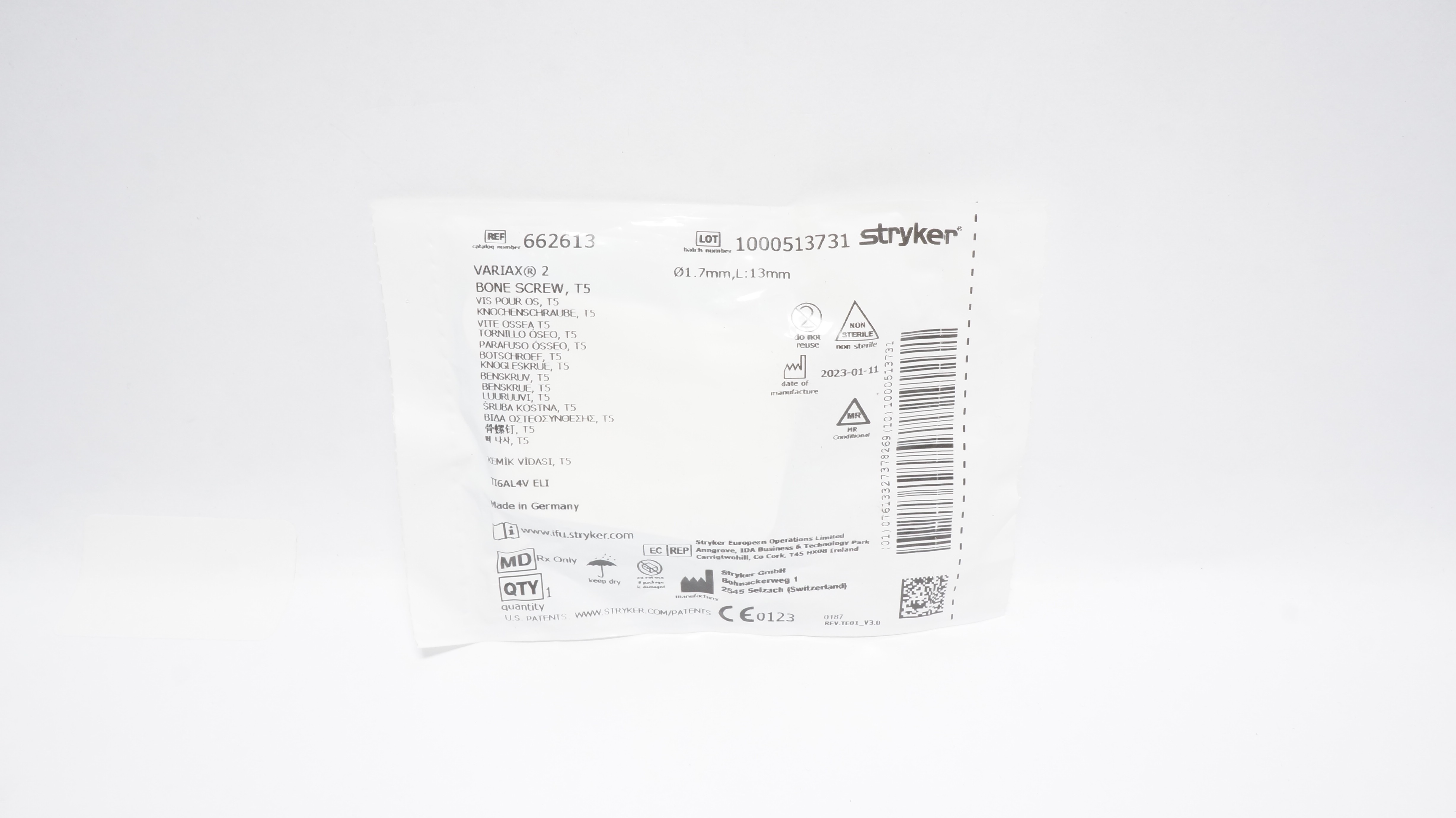 Stryker 662613 Variax 2 Bone Screw T5 1.7mm x 13mm