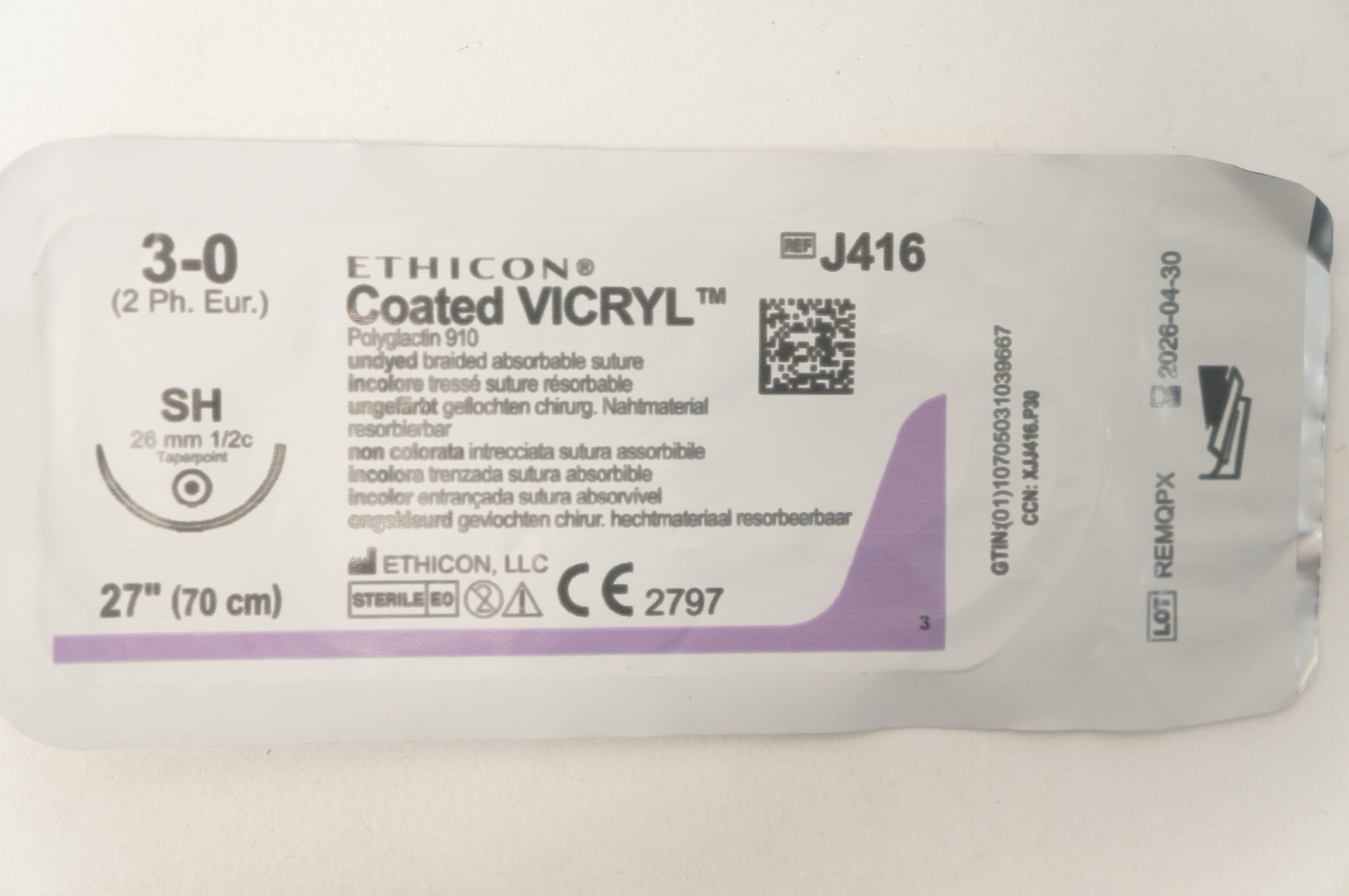Ethicon J416 3-0 Coated VICRYL Stre SH 26mm 1/2c Taper 27inch