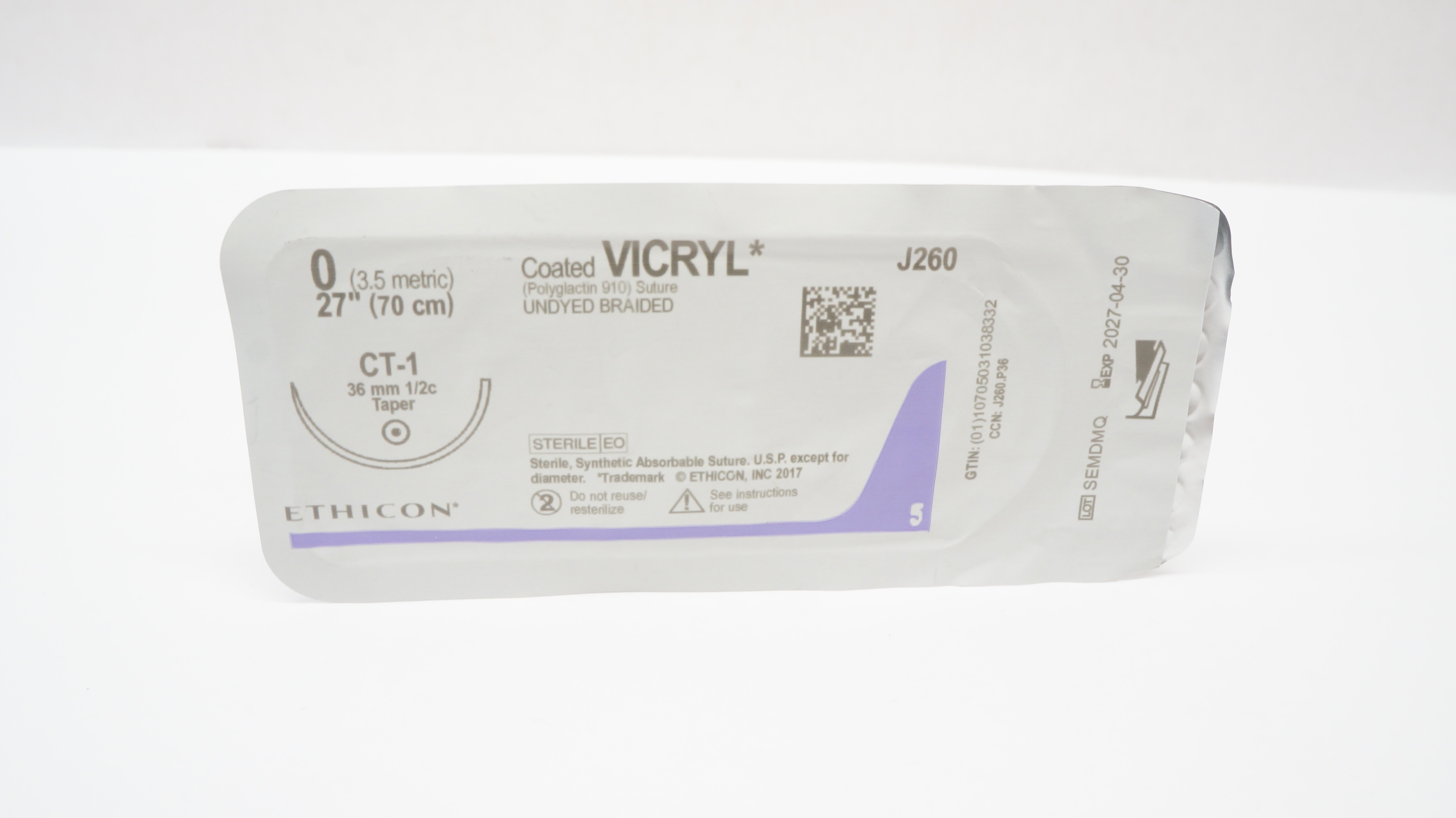 Ethicon J260 0 Coated VICRYL Undyed Braided Stre CT-1, 36mm 1/2c Taper, 27inch