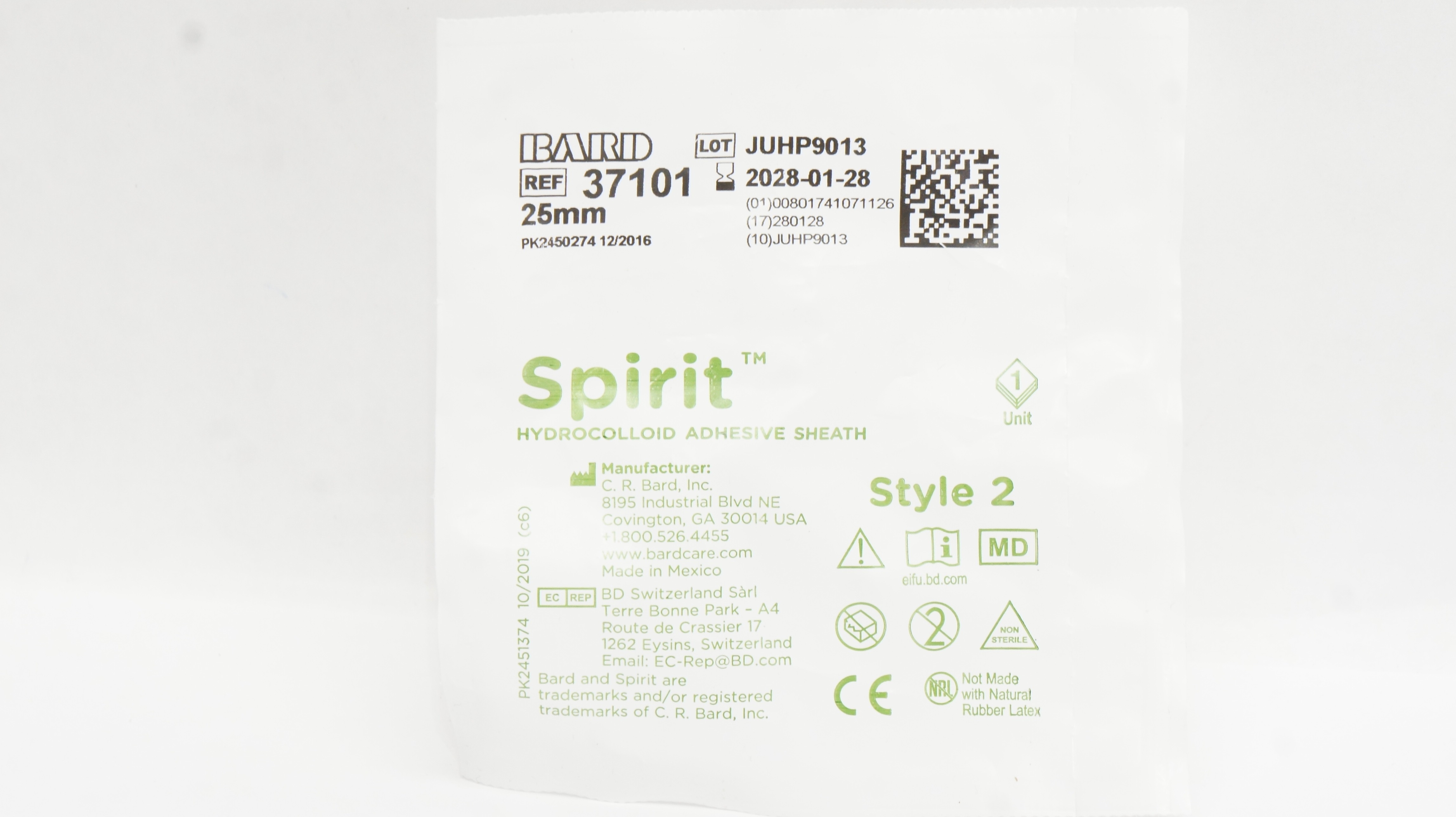 Bard 37101 Spirit Hydrocolloid Adhesive Sheath 25mm, Style 2