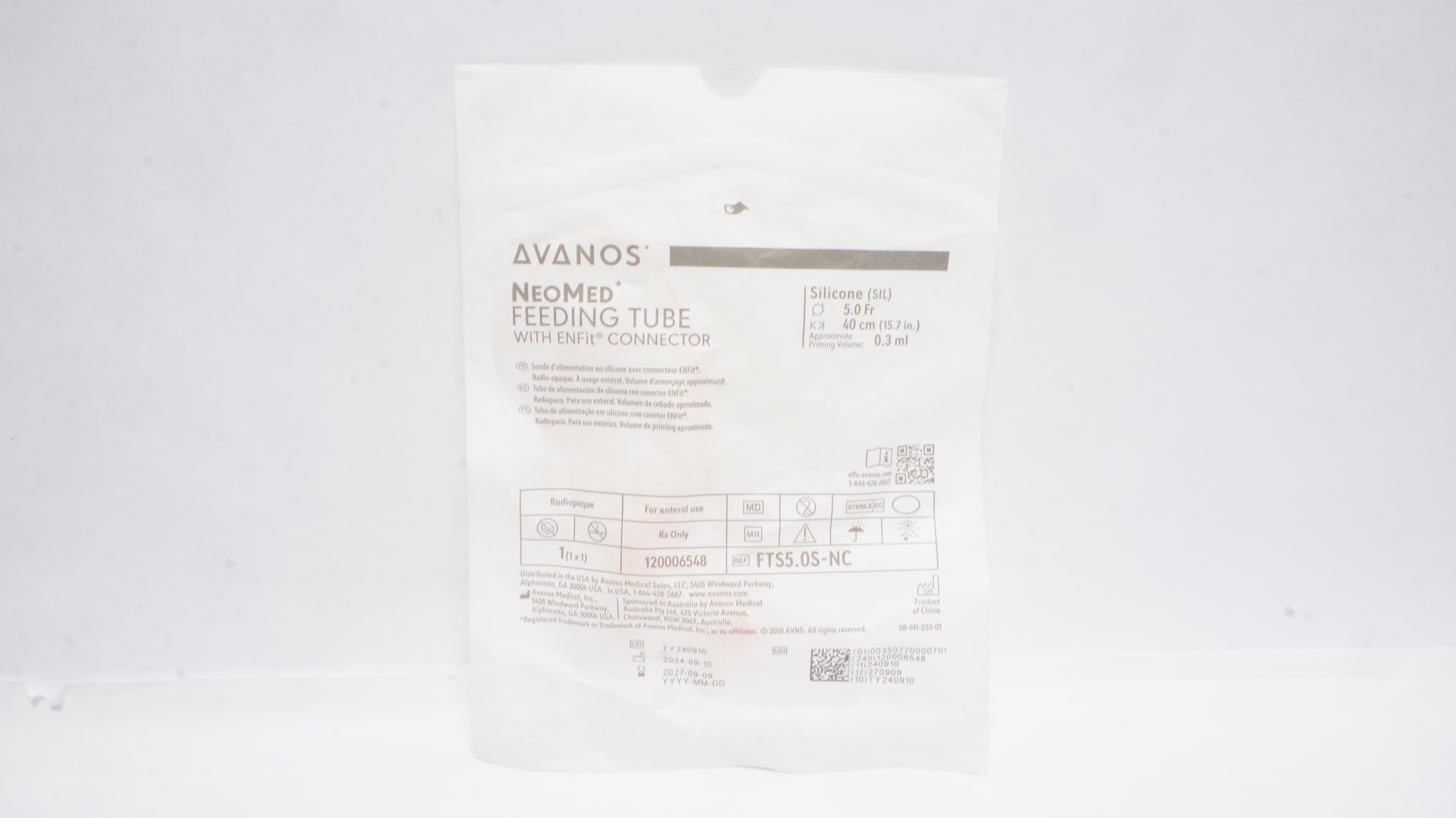 Avanos FTS5.0S-NC NeoMed Feeding Tube W/ENFit Connector 5.0Fr x 40cm x 0.3ml