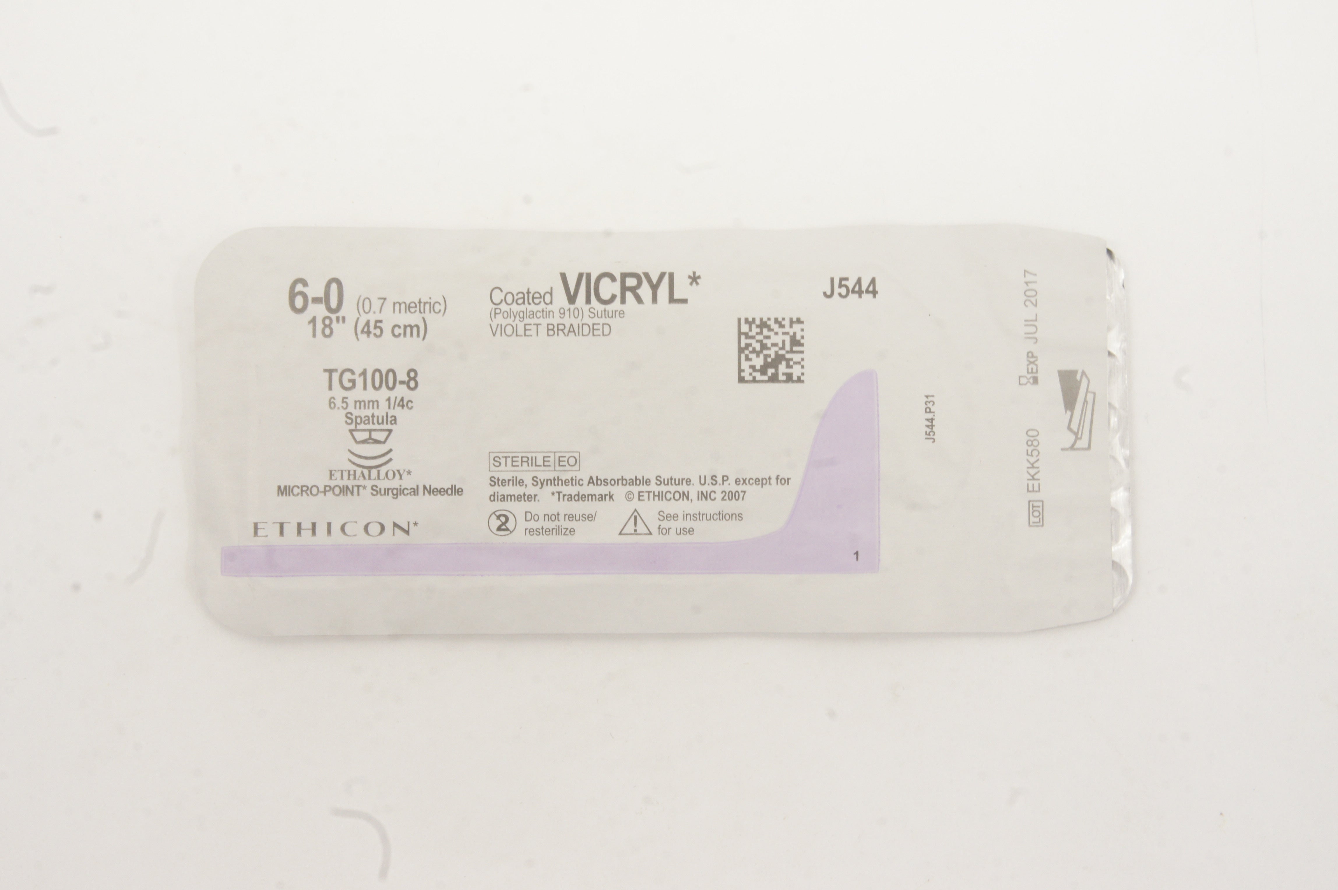 Ethicon J544 6-0 VICRYL TG100-8 6.5mm 1/4c Spatula 18inch (x)
