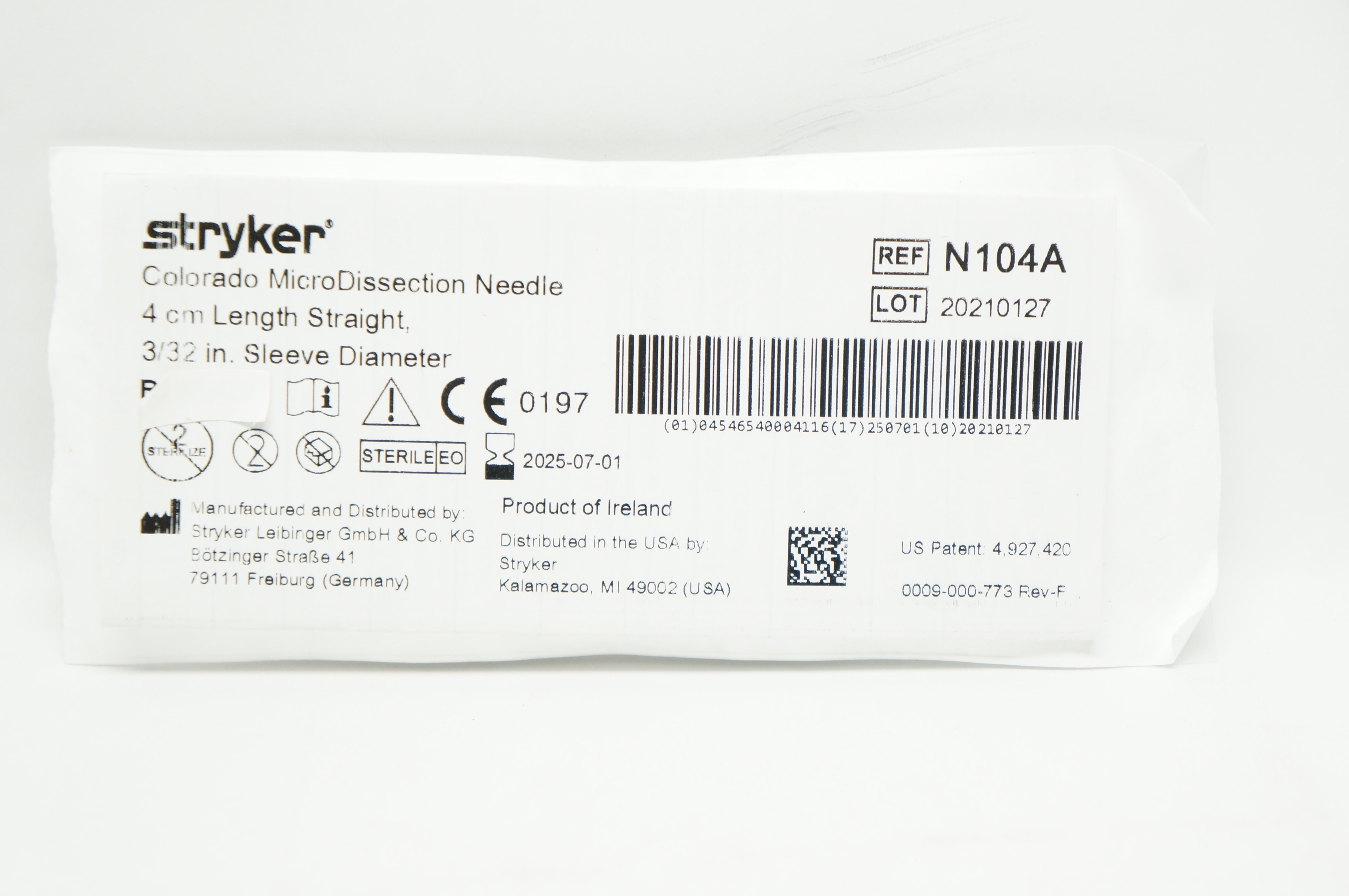 Stryker N104A Colorado MicroDissection Ndle. Straight 4cm, Sleeve 3/32inch