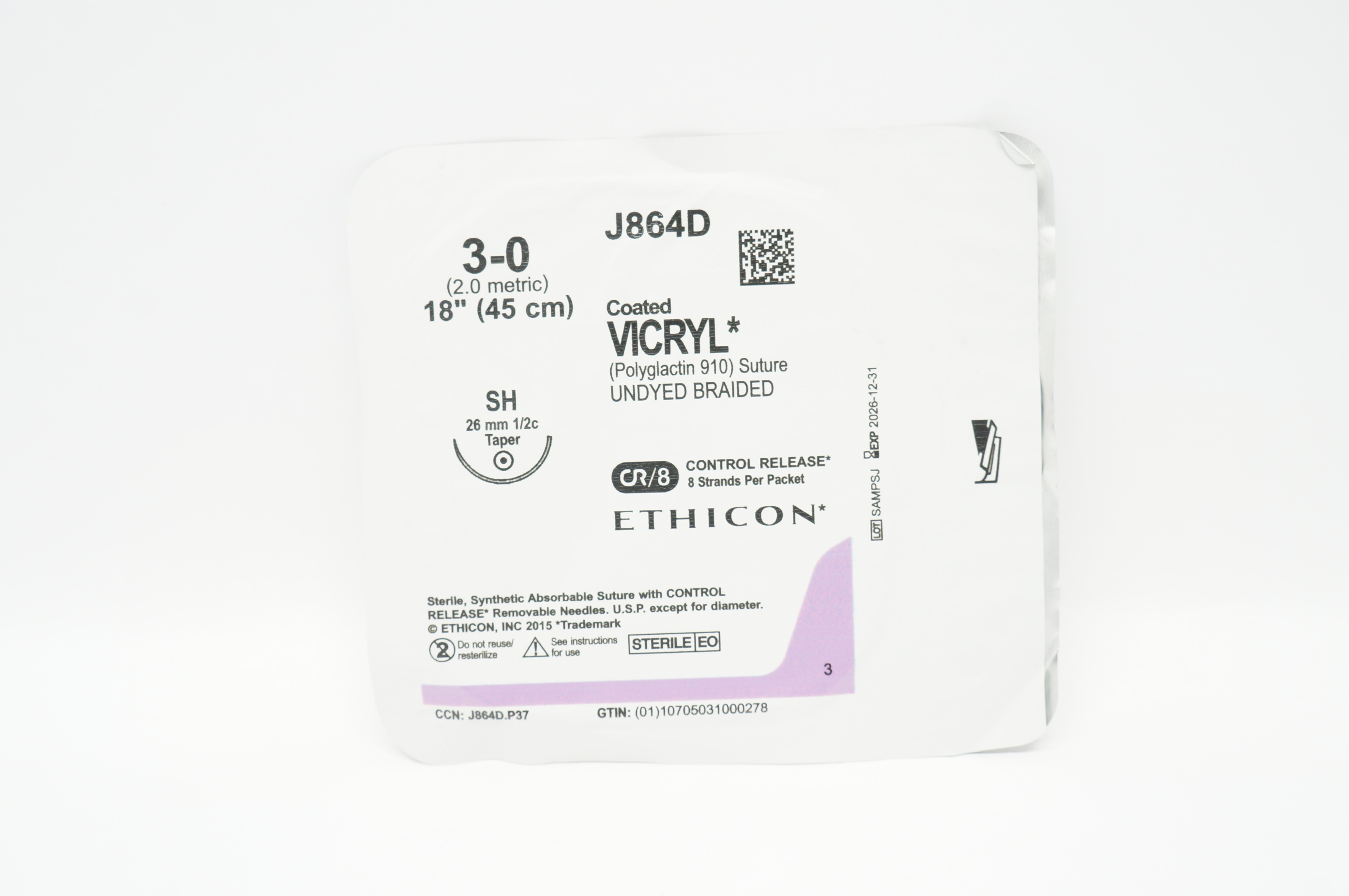 Ethicon J864D 3-0 Coated VICRYL Undyed Braided SH 26mm 1/2c Taper, 18inch