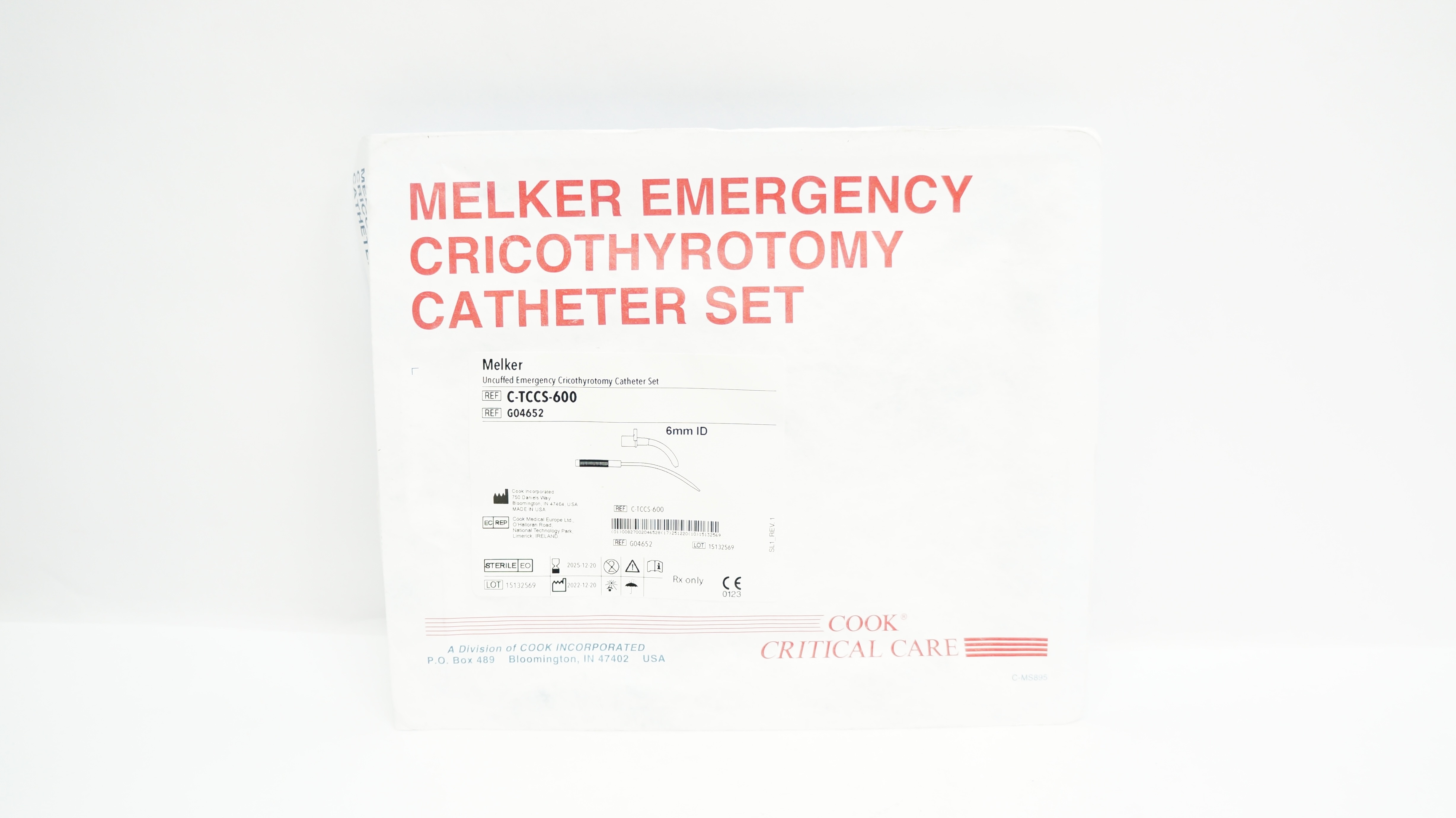 Cook Medical G04652 Melker Emergency Cricothyrotomy Cath. Set 6mm ID