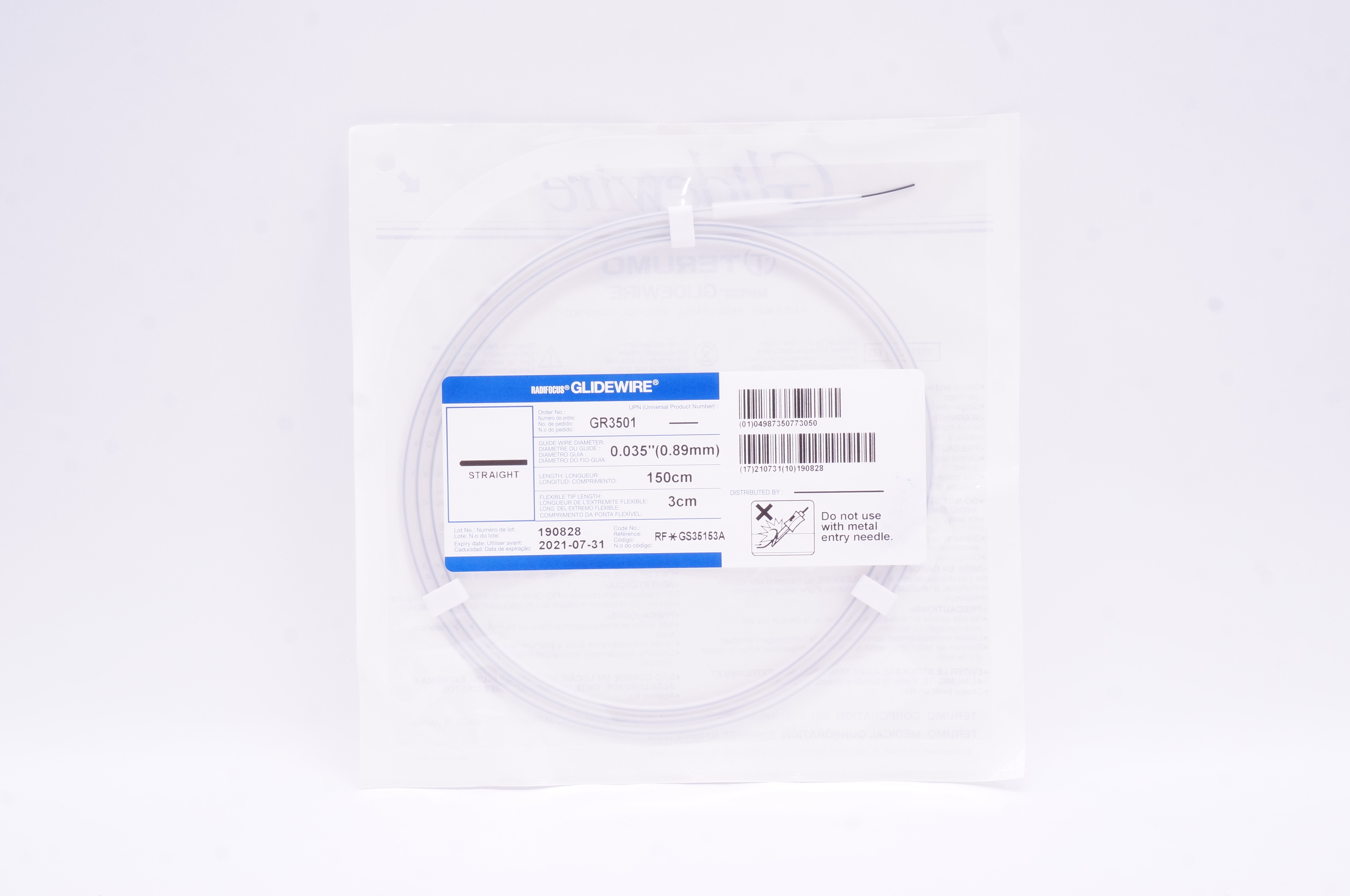 Terumo GR3501 Radiofocus Glidewire Straight 0.035inch x 150cm x 3cm