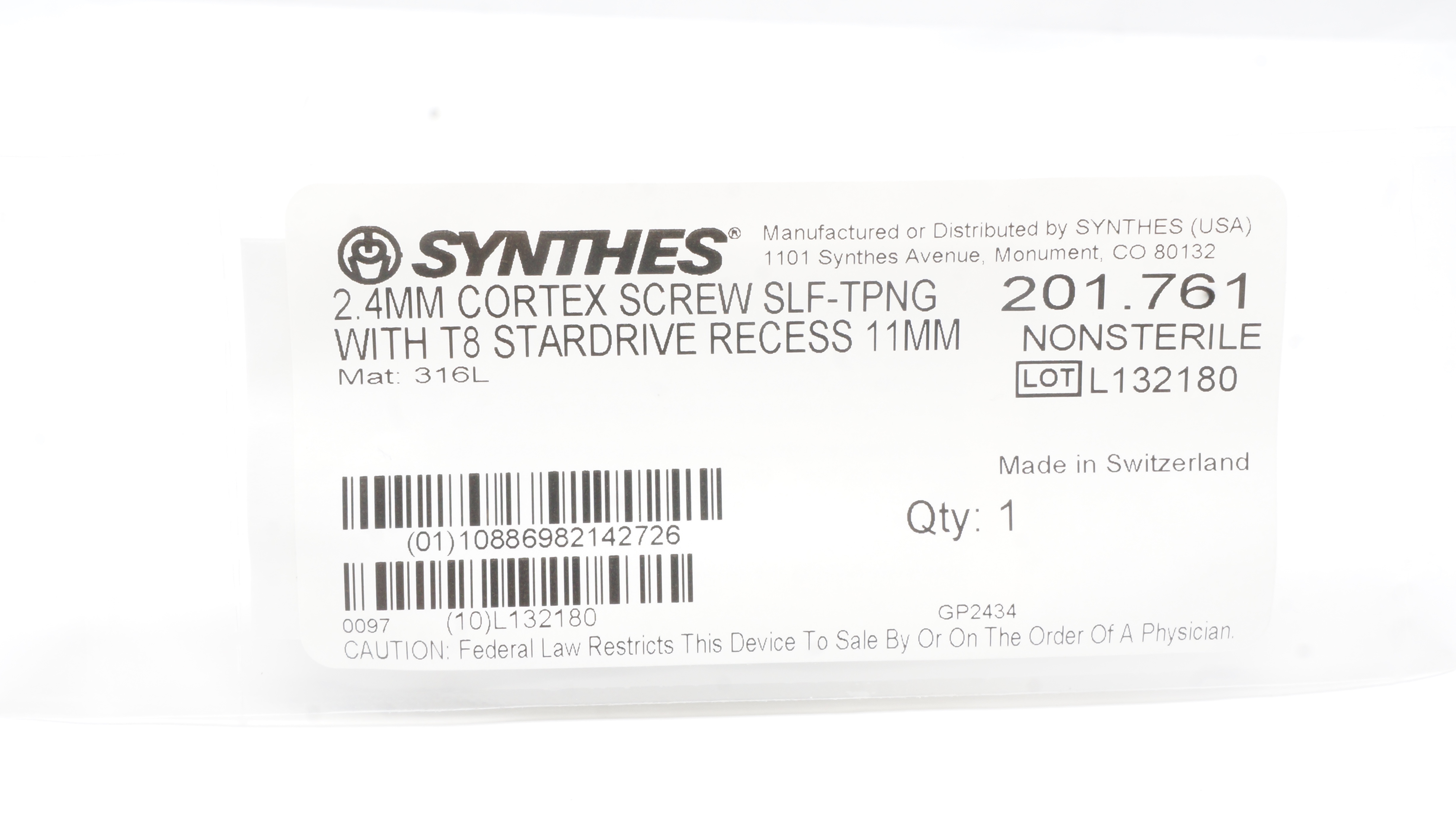 Synthes 201.761 2.4mm Cortex Screw Self-Tapping W/T8 Stardrive Recess 11mm