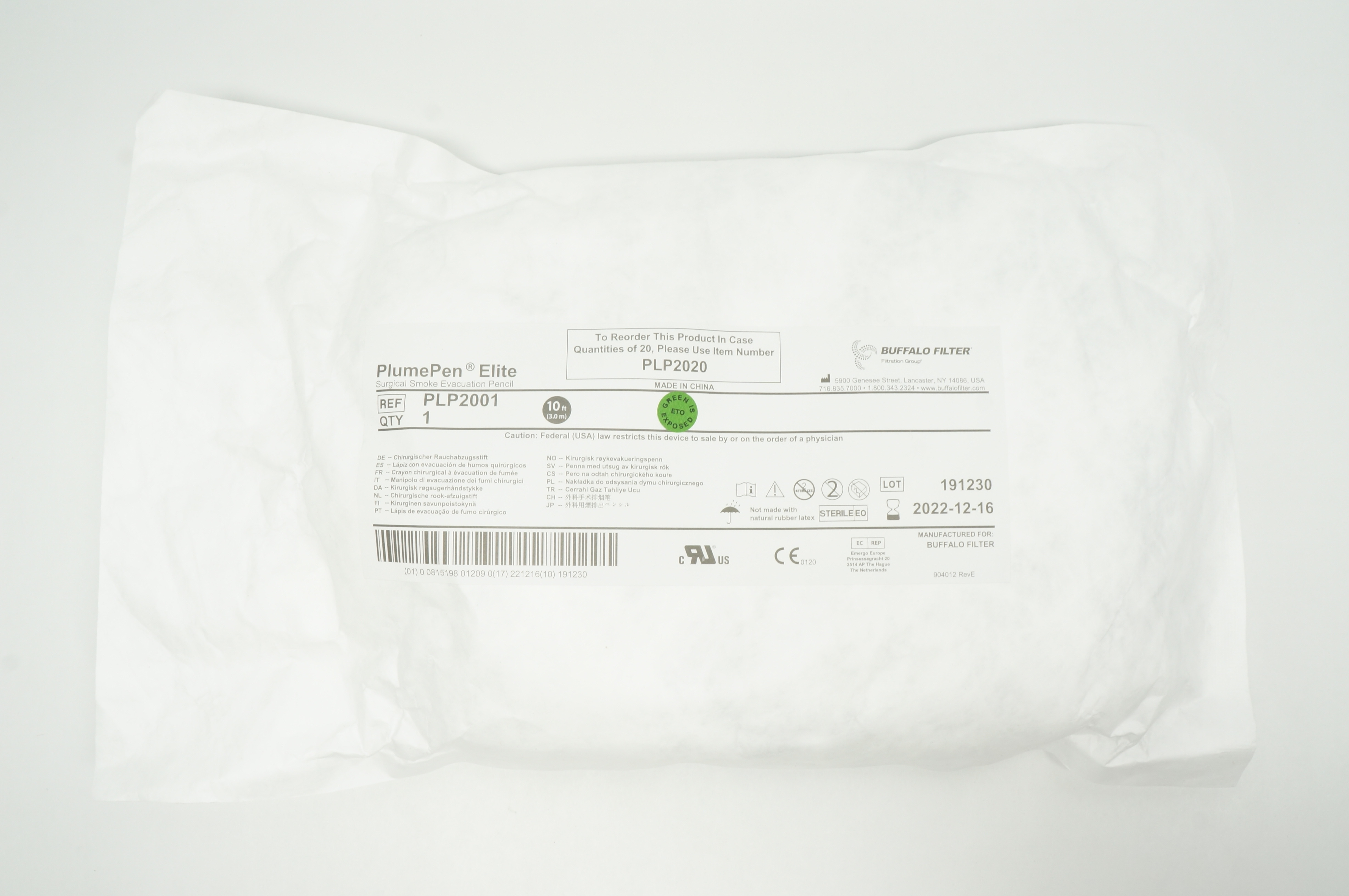 Buffalo Filter PLP2001 PlumePen Elite Surgical Smoke Evacuation Pencil 10ft.