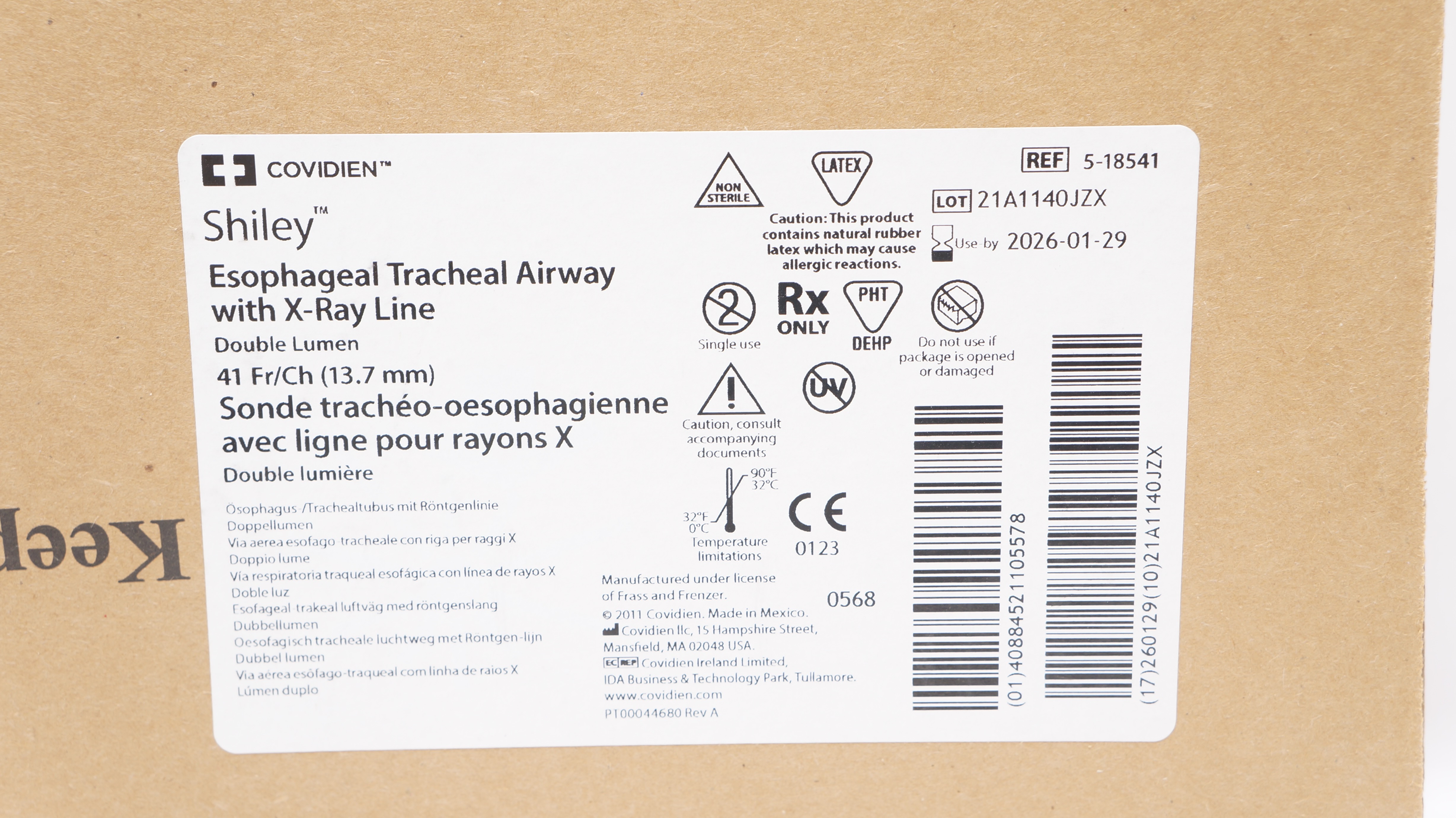 Covidien 5-18541 Shiley Esophageal Tracheal Airway W/X-Ray Line 41Fr/Ch