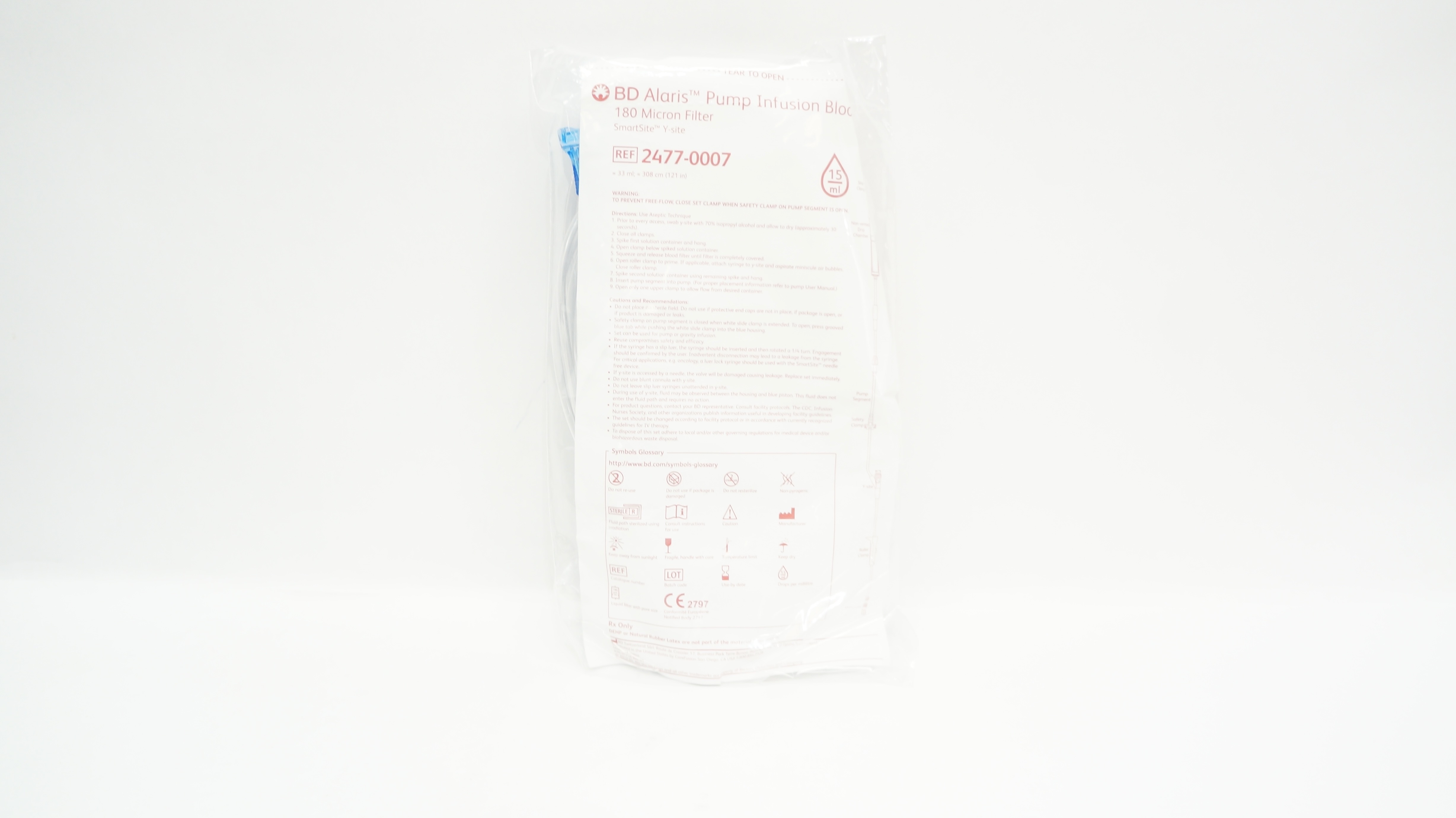 BD 2477-0007 Alaris Pump Infusion Blood Set 33ml x 121inch, 15Dros/ml