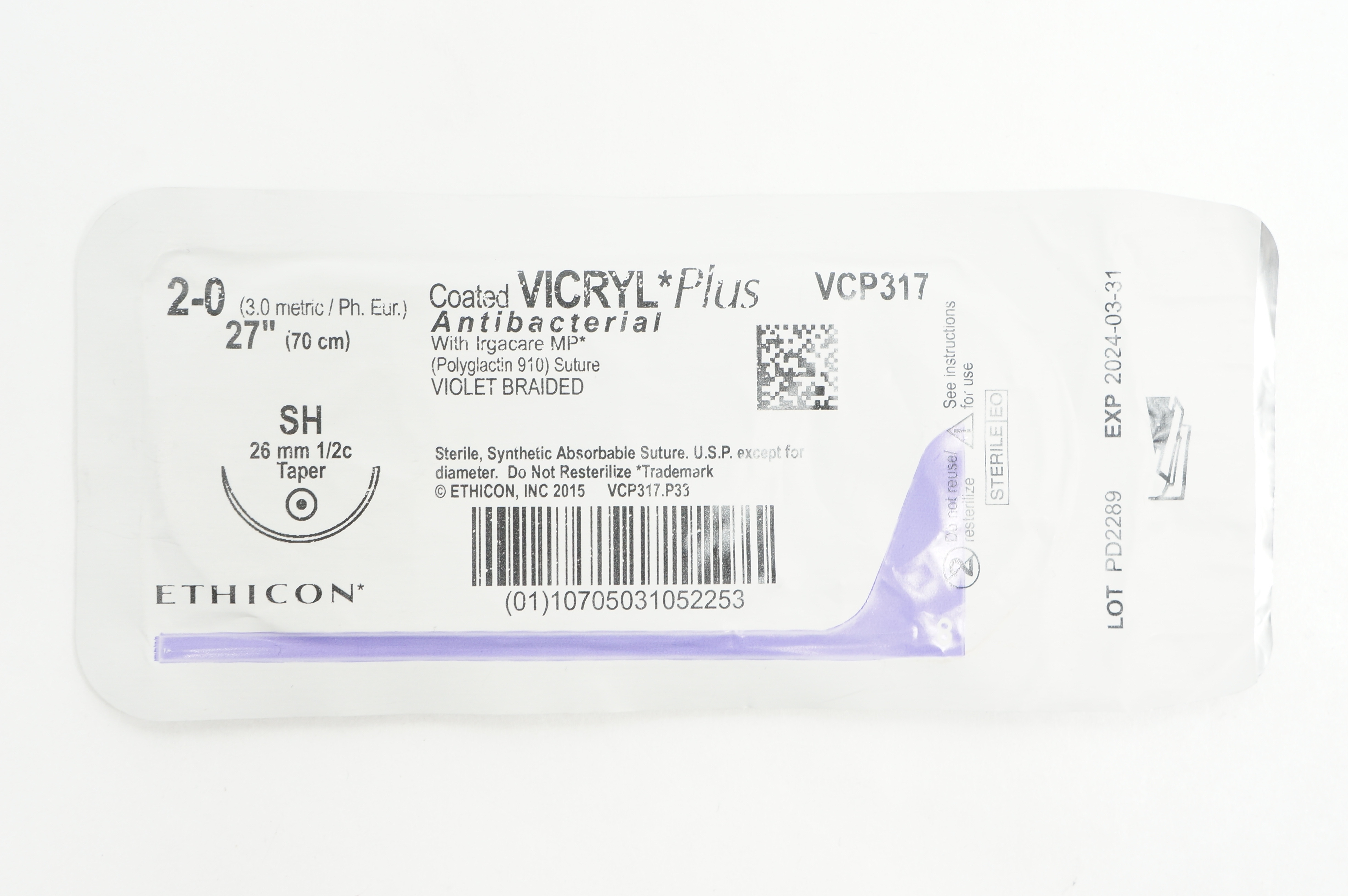 Ethicon VCP317 2-0 Coated VICRYL Plus Stre SH 26mm 1/2c Taper, 27 inch