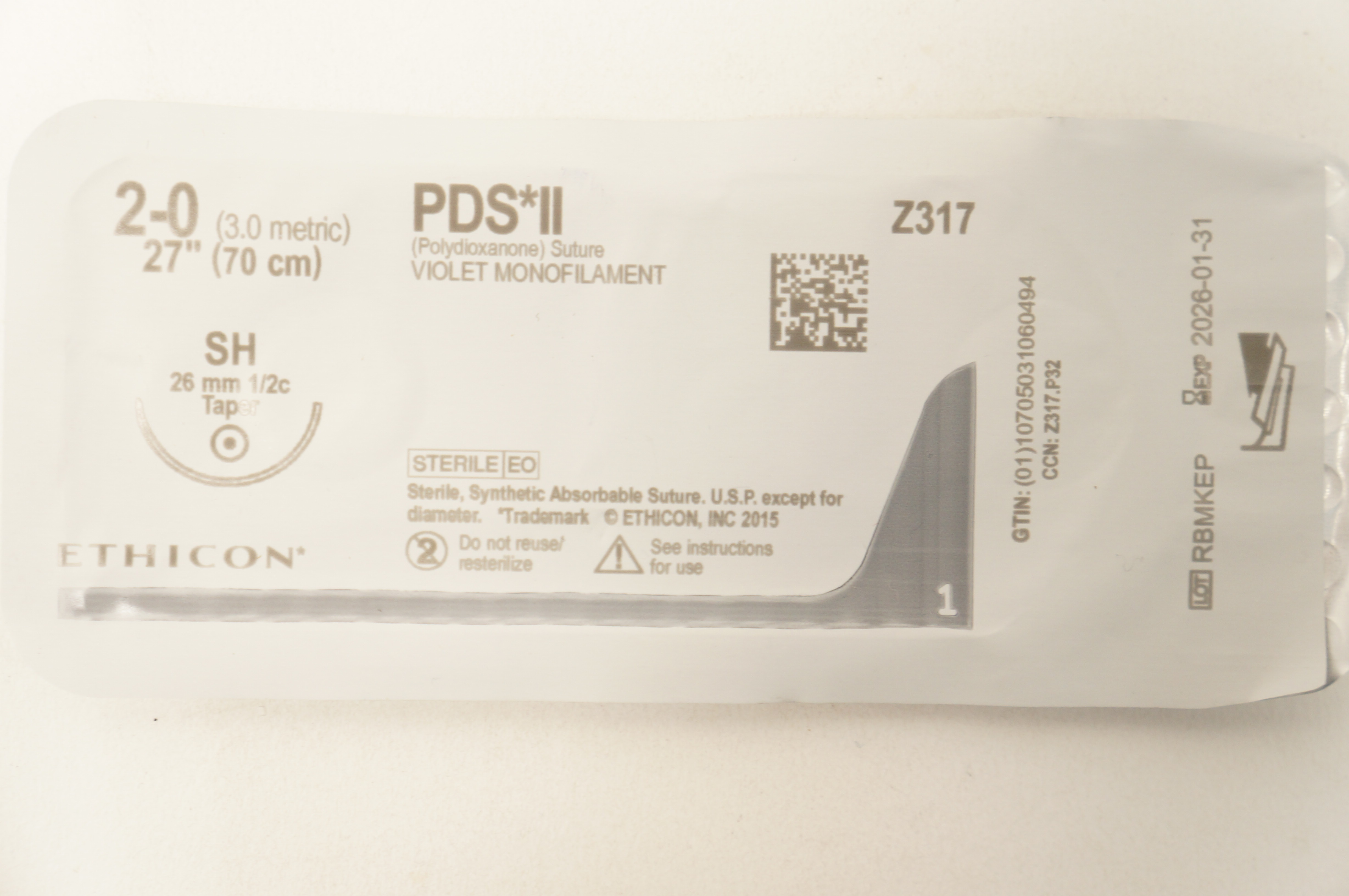 Ethicon Z317 2-0 PDS II Polydioxanone Sterile Stre SH 26mm 1/2c Taper 27inch