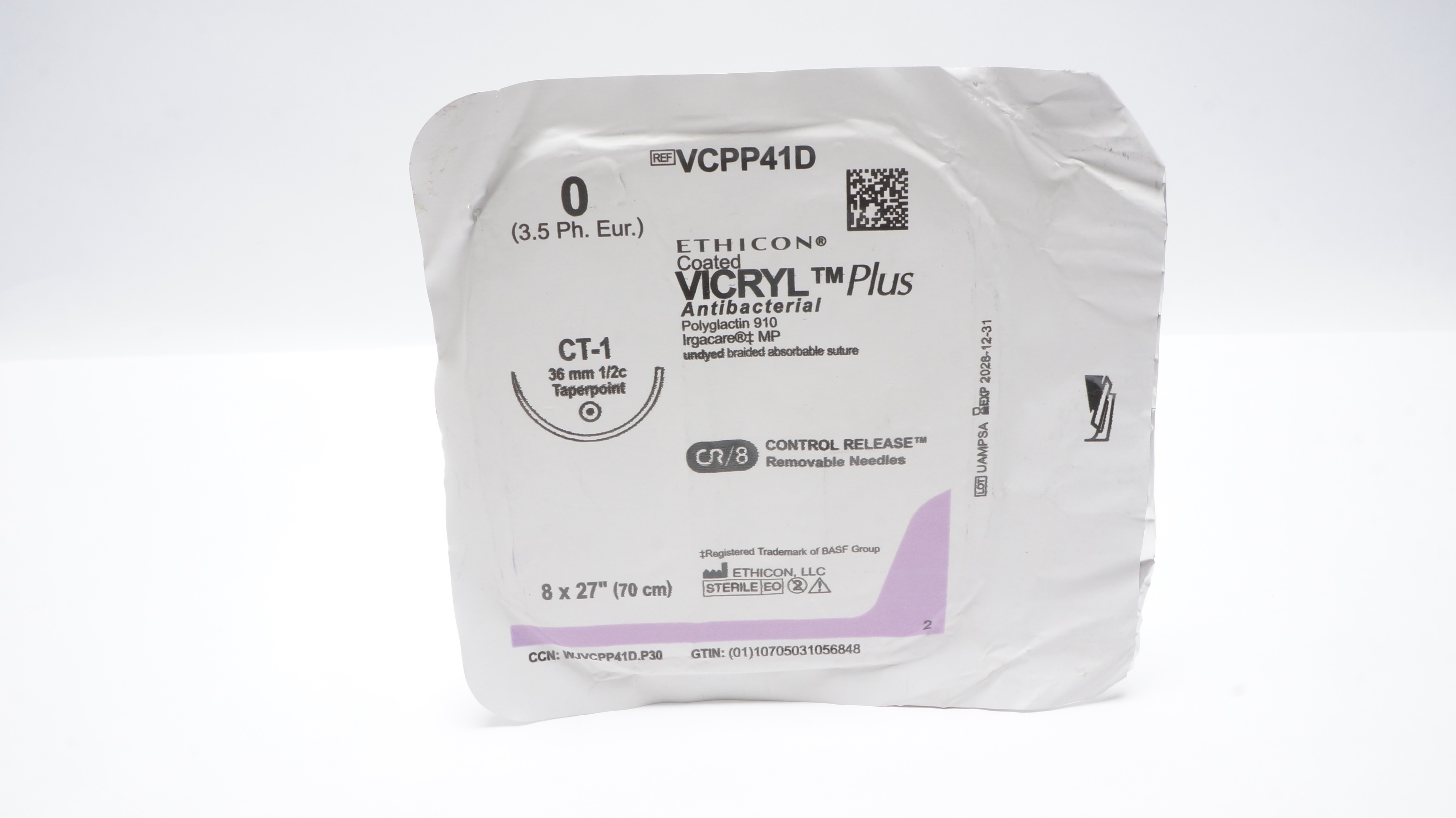 Ethicon VCPP41D 0 Coated VICRYL Undyed Stre CT-1 36mm 1/2c Taperpoint 8x27inch