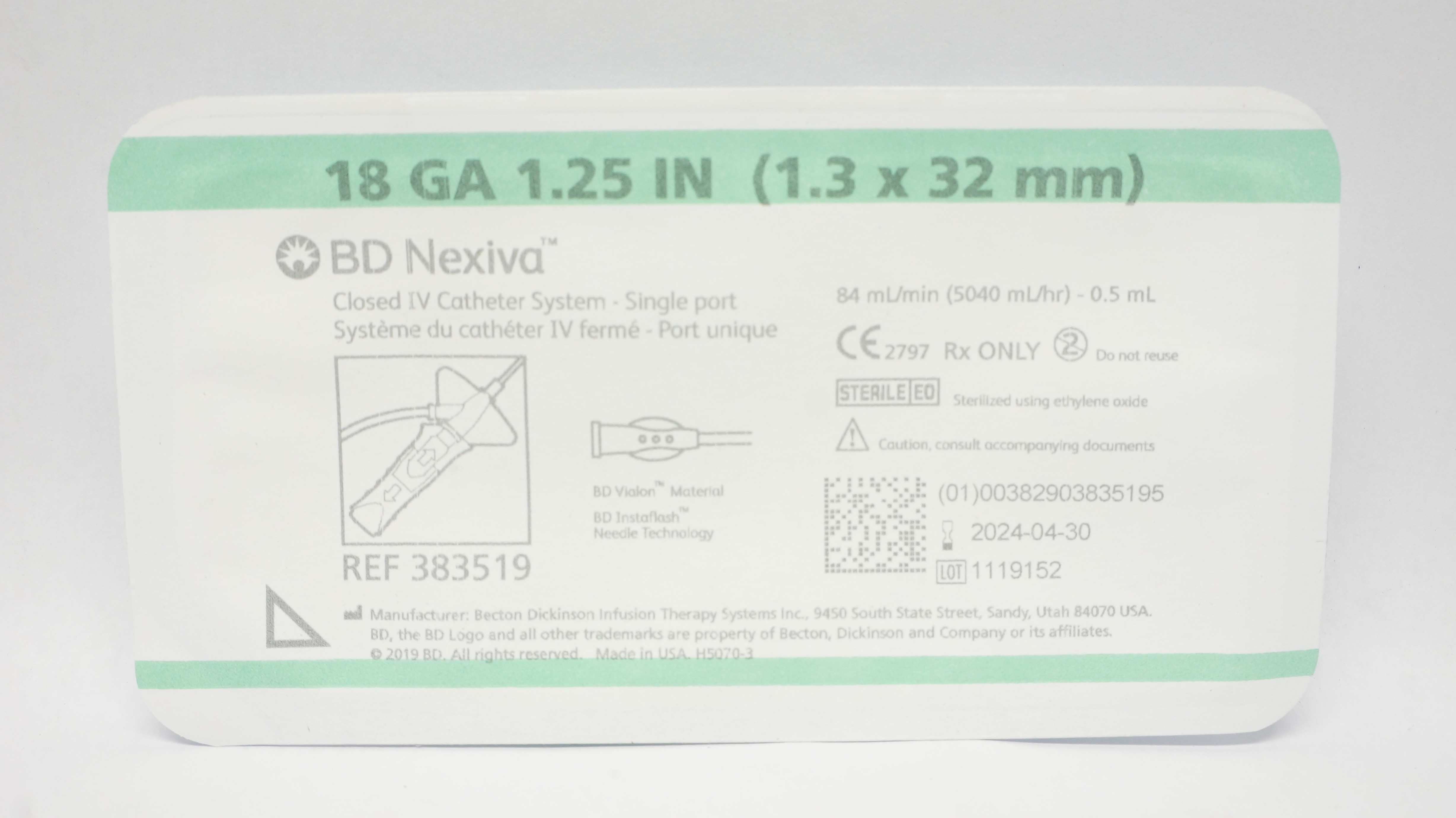 BD 383519 Nexiva Closed IV Cath. System 18Ga x1.25Inch 5040ml/hr