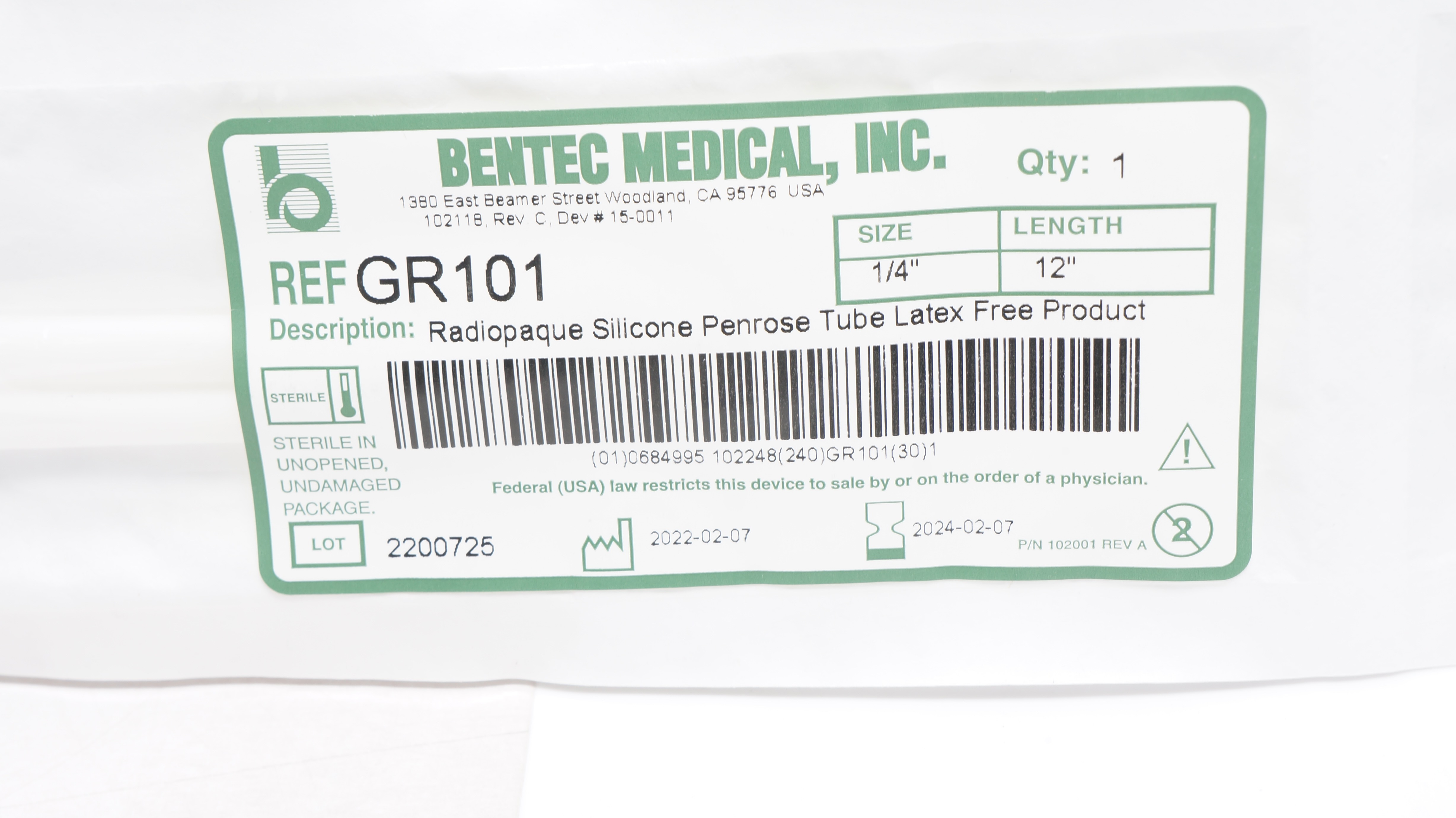 Bentec Medical GR101 Radiopaque Silicone Penrose Tube Latex Free 1/4 x 12inch(x)