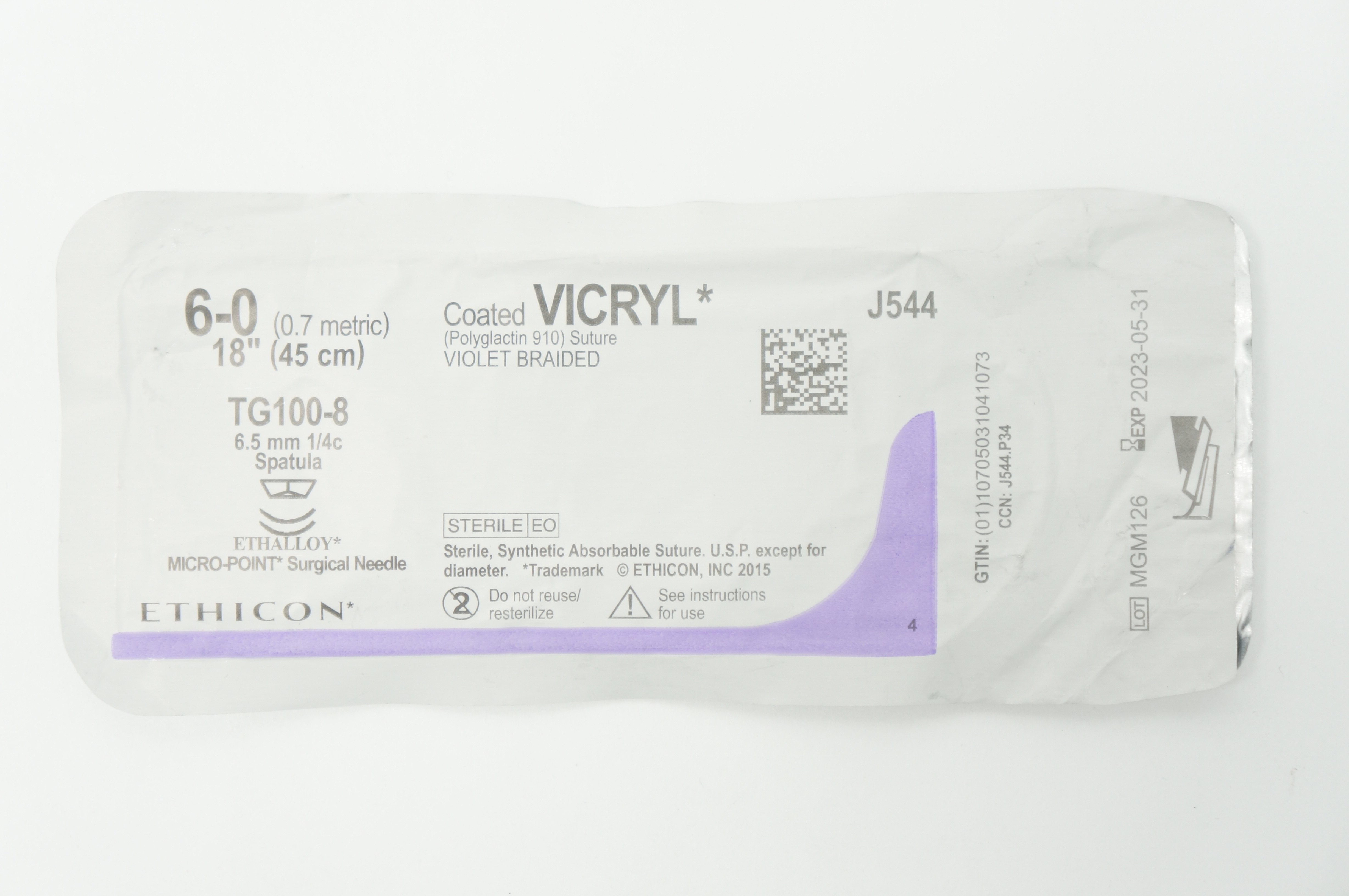 Ethicon J544 6-0 VICRYL TG100-8 6.5mm 1/4c Spatula 18inch