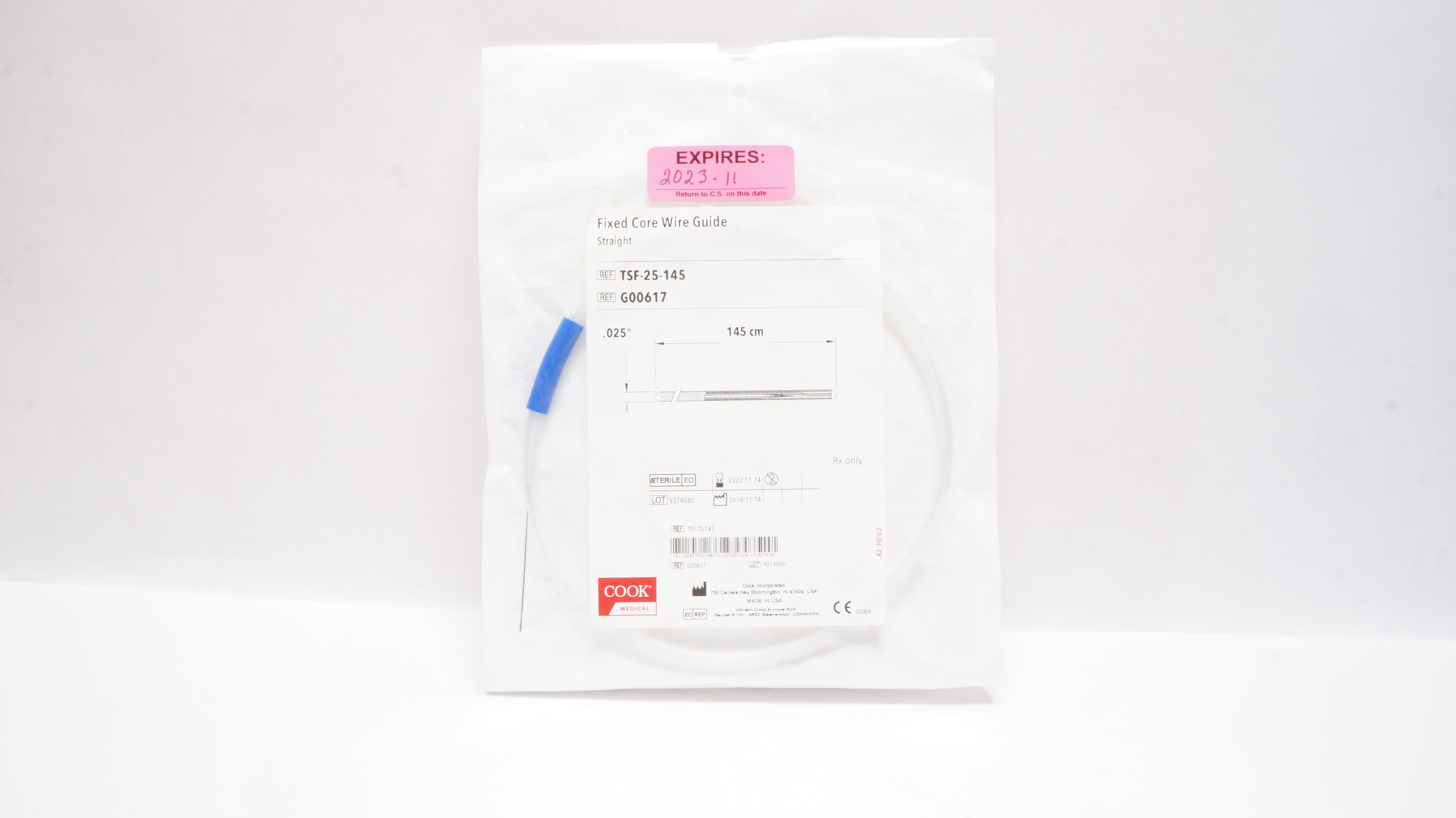 Cook Medical G00617 Fixed Core Wire Guide Straight 0.025inch x 145cm