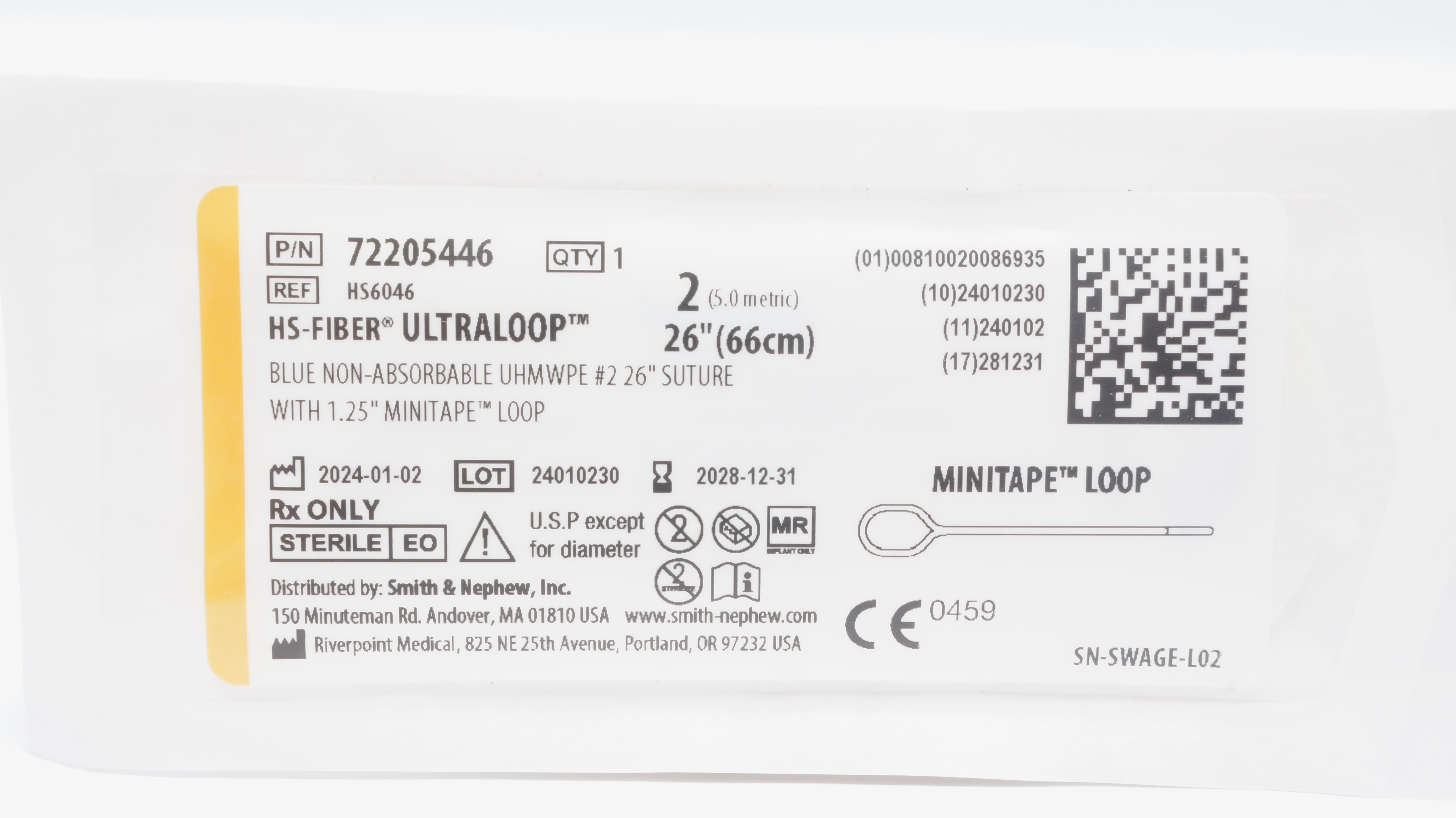 SMith&Nephew HS6046 2 HS-Fiber Ultraloop 26inch Stre w/Minitape Loop 1.25inch