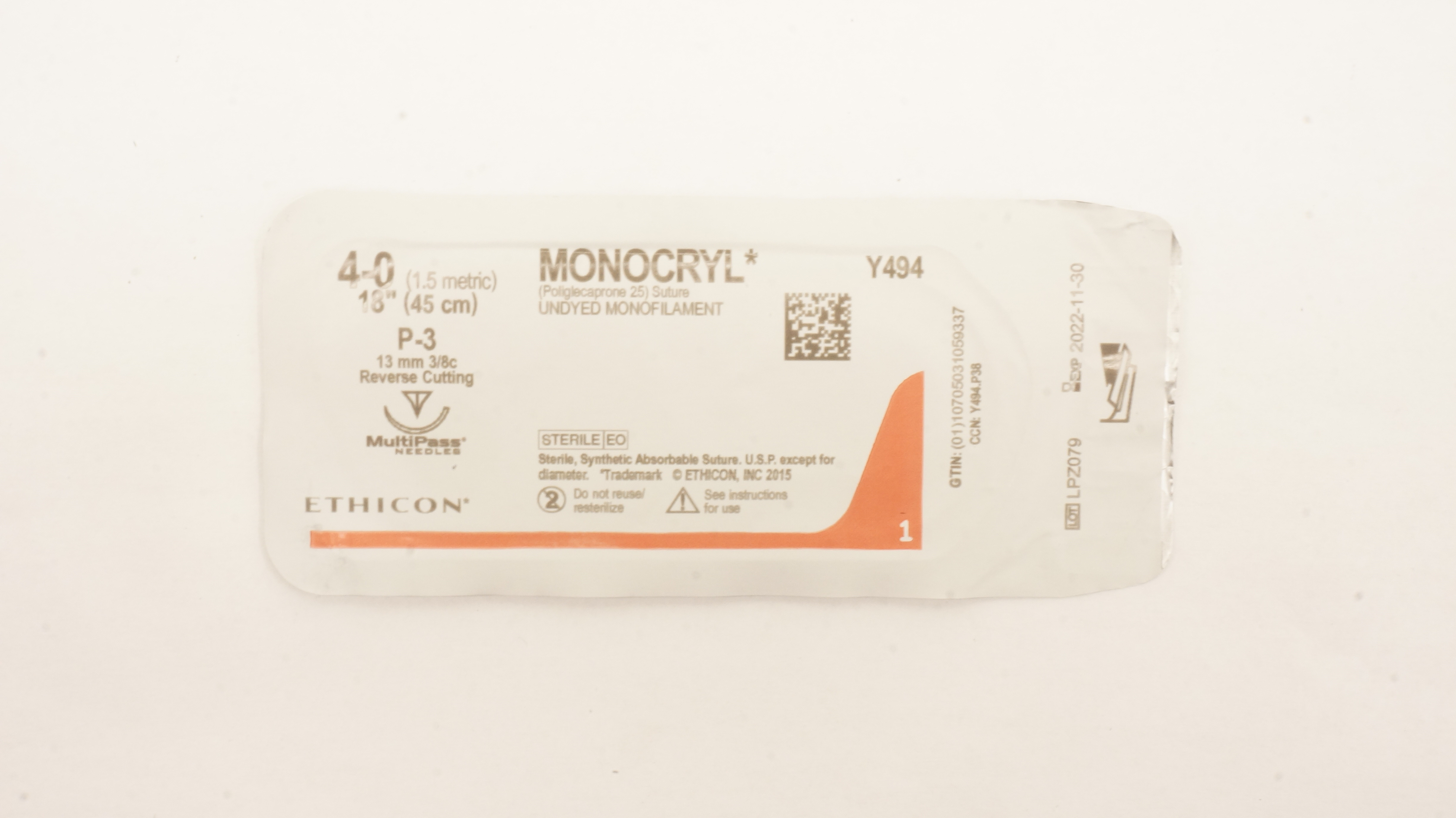 Ethicon Y494 4-0 MONOCRYL Poliglecapron Stre P-3 13mm 3/8c ReverseCutting 18inch