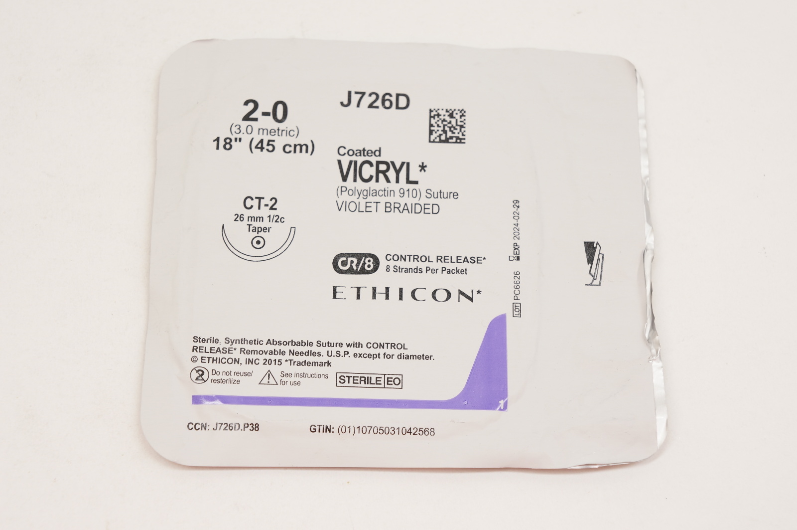 Ethicon J726D 2-0 VICRYL, CT-2, 26mm 1/2c Taper, 18inch