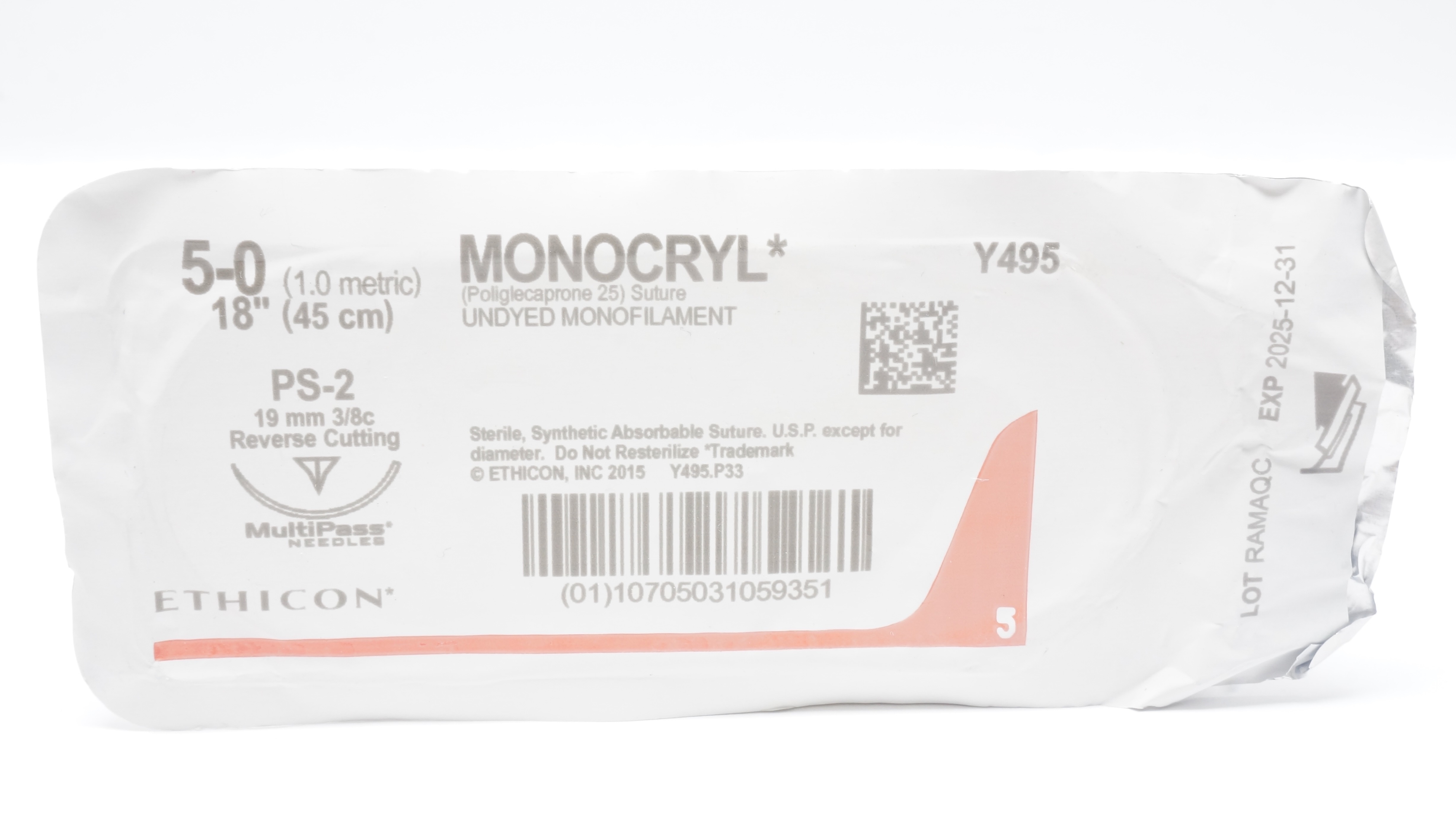 Ethicon Y495 5-0 Monocryl Undyed Stre PS-2 19mm 3/8c Reverse Cutting, 18inch