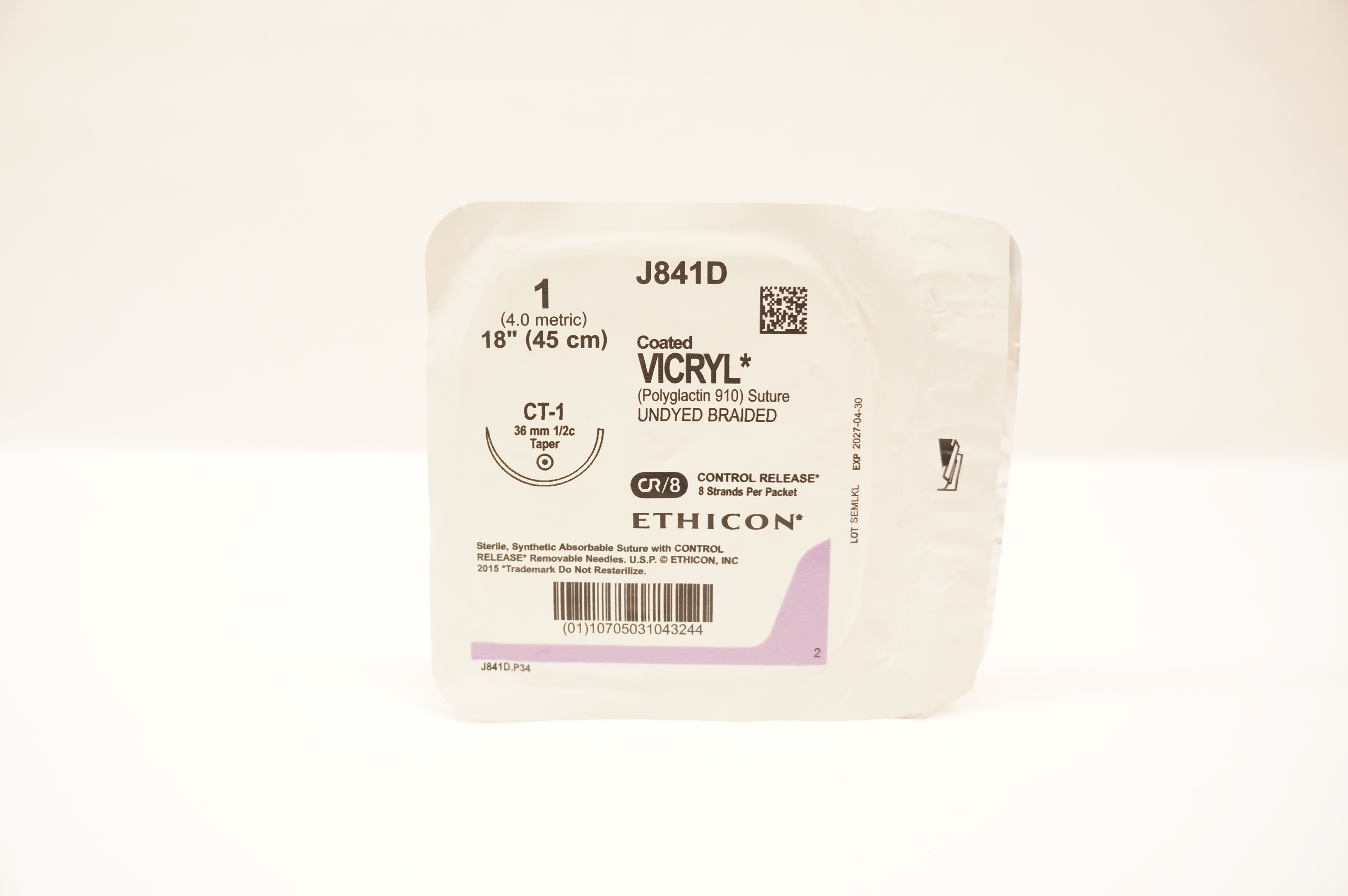 Ethicon J841D 1 Coated VICRYL, CT-1, 36mm 1/2c Taper, 18inch