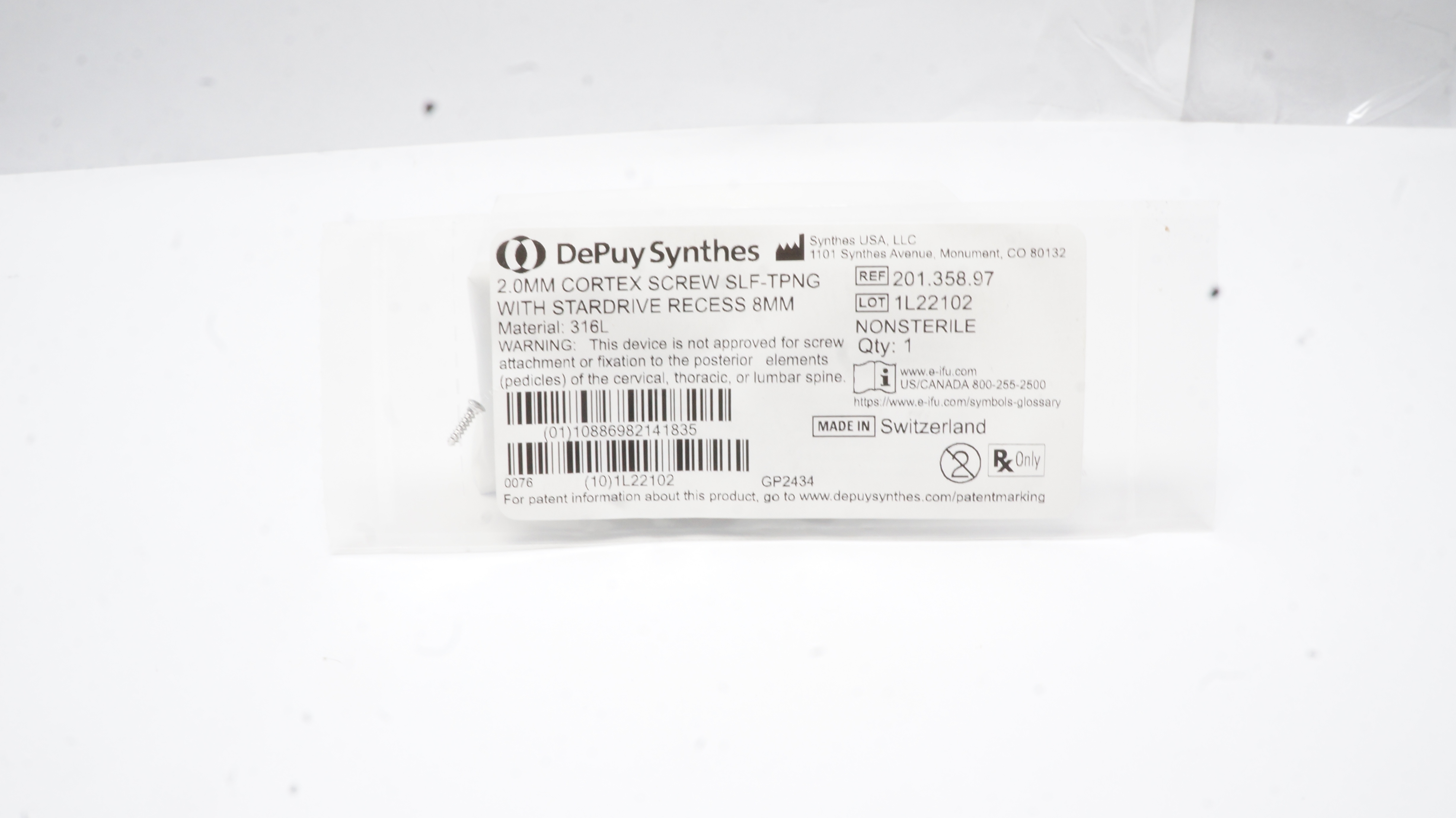 Synthes 201.358.97 2.0mm Cortex Screw Self-Tapping W/Stardrive Recess 8mm