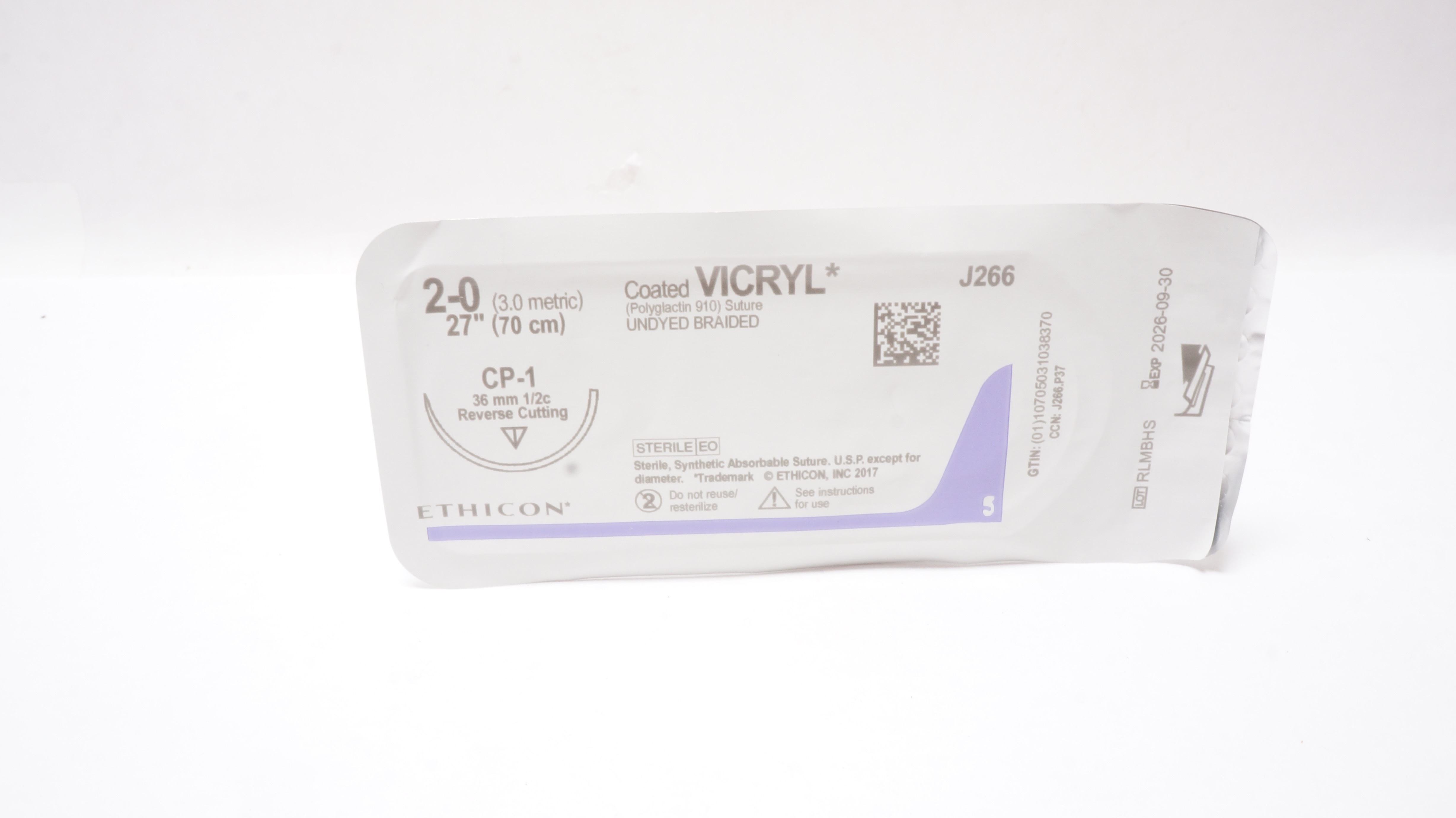 Ethicon J266 2-0 Coated VICRYL Stre CP-1 36mm 1/2c Reverse Cutting, 27inch