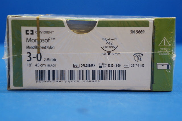 Covidien SN-5669 Monosof 3-0, Monofilament Nylon, 18", P-12 Cutting - Box of 36