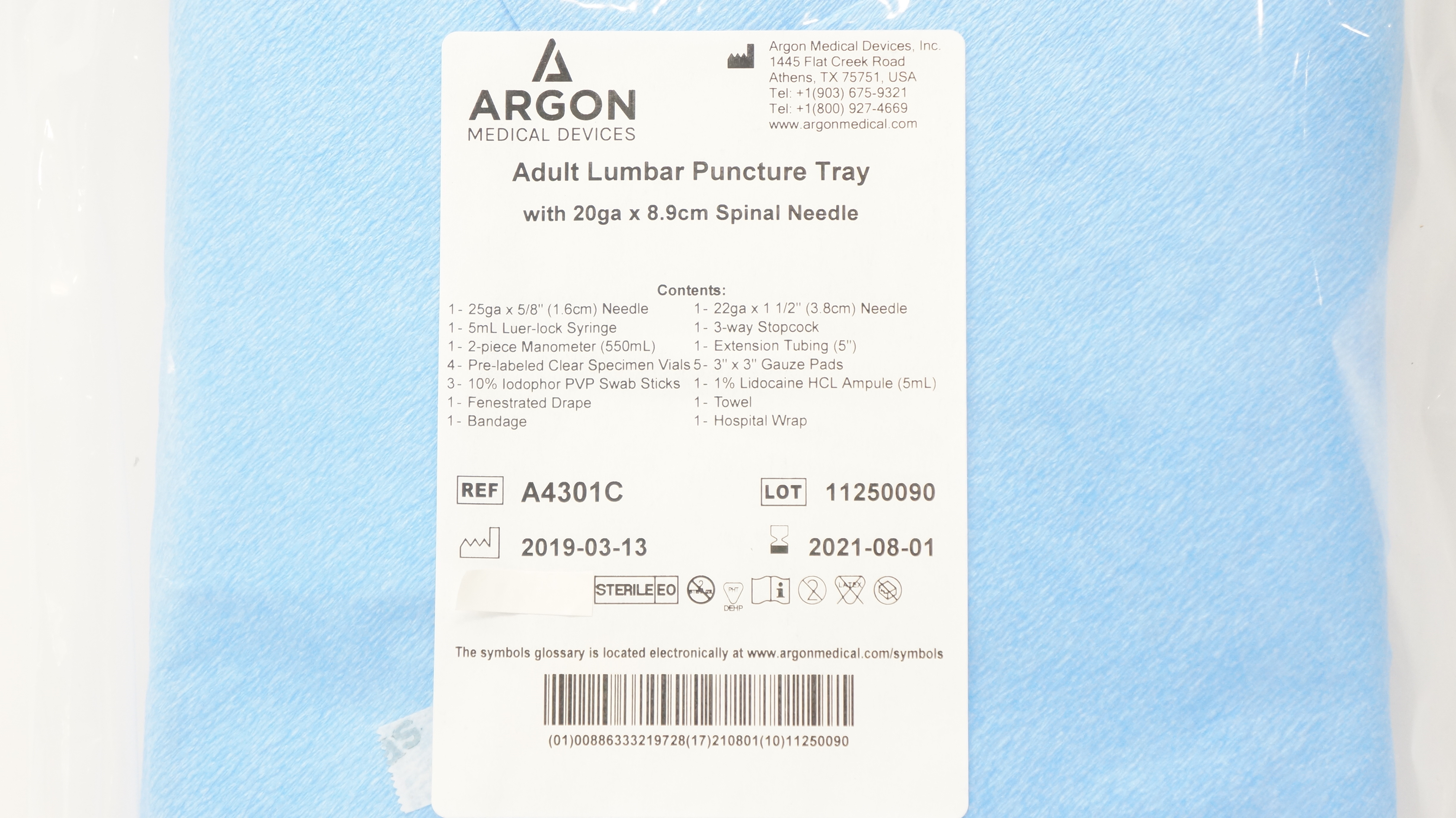 Argon A4301C Adult Lumbar Puncture Tray w/Spinal Ndle 20 ga x 8.9 cm (x)