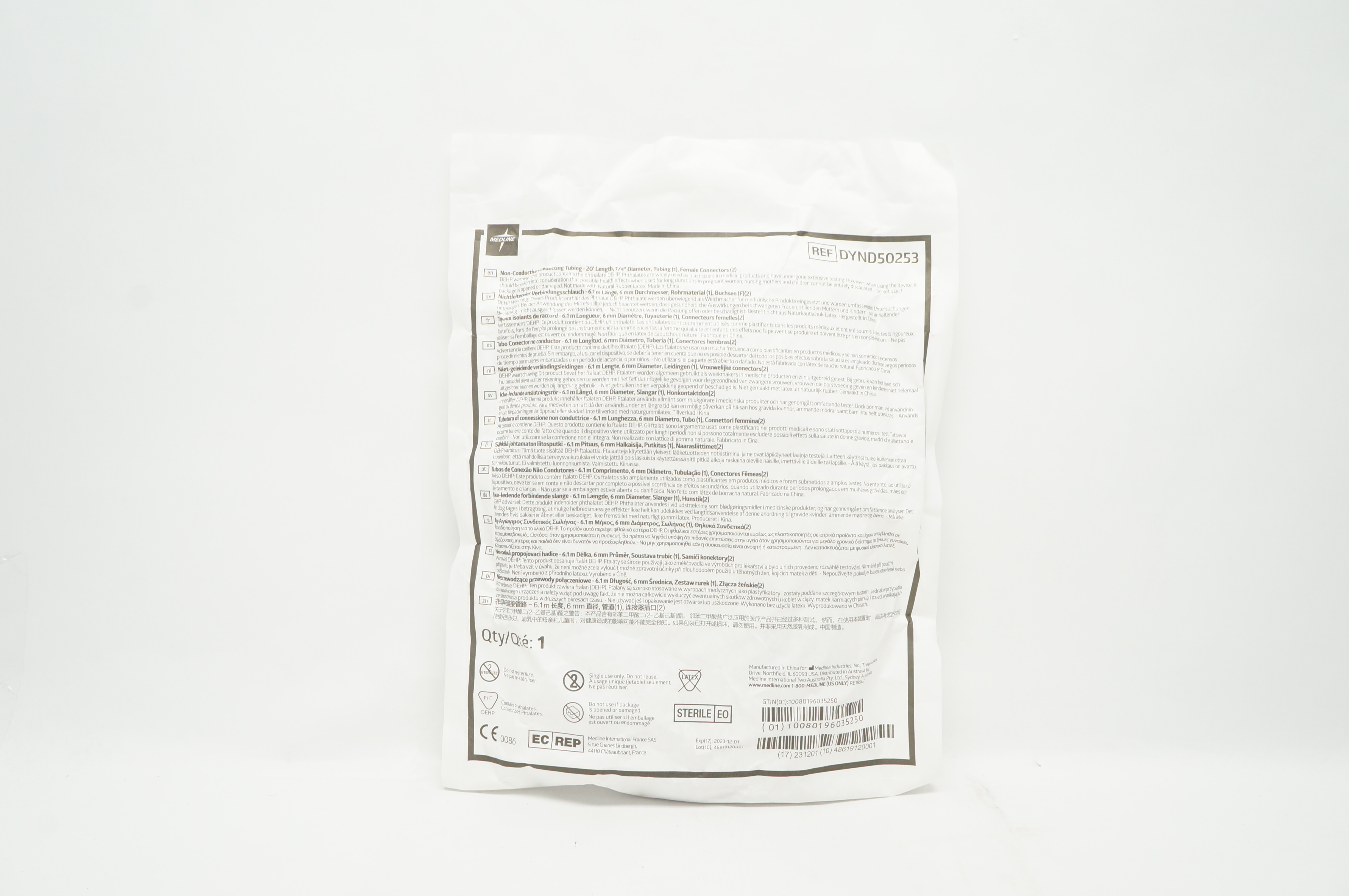 Medline DYND50253 Connecting Tubing, 20ft. Length 1/4 inch Diameter