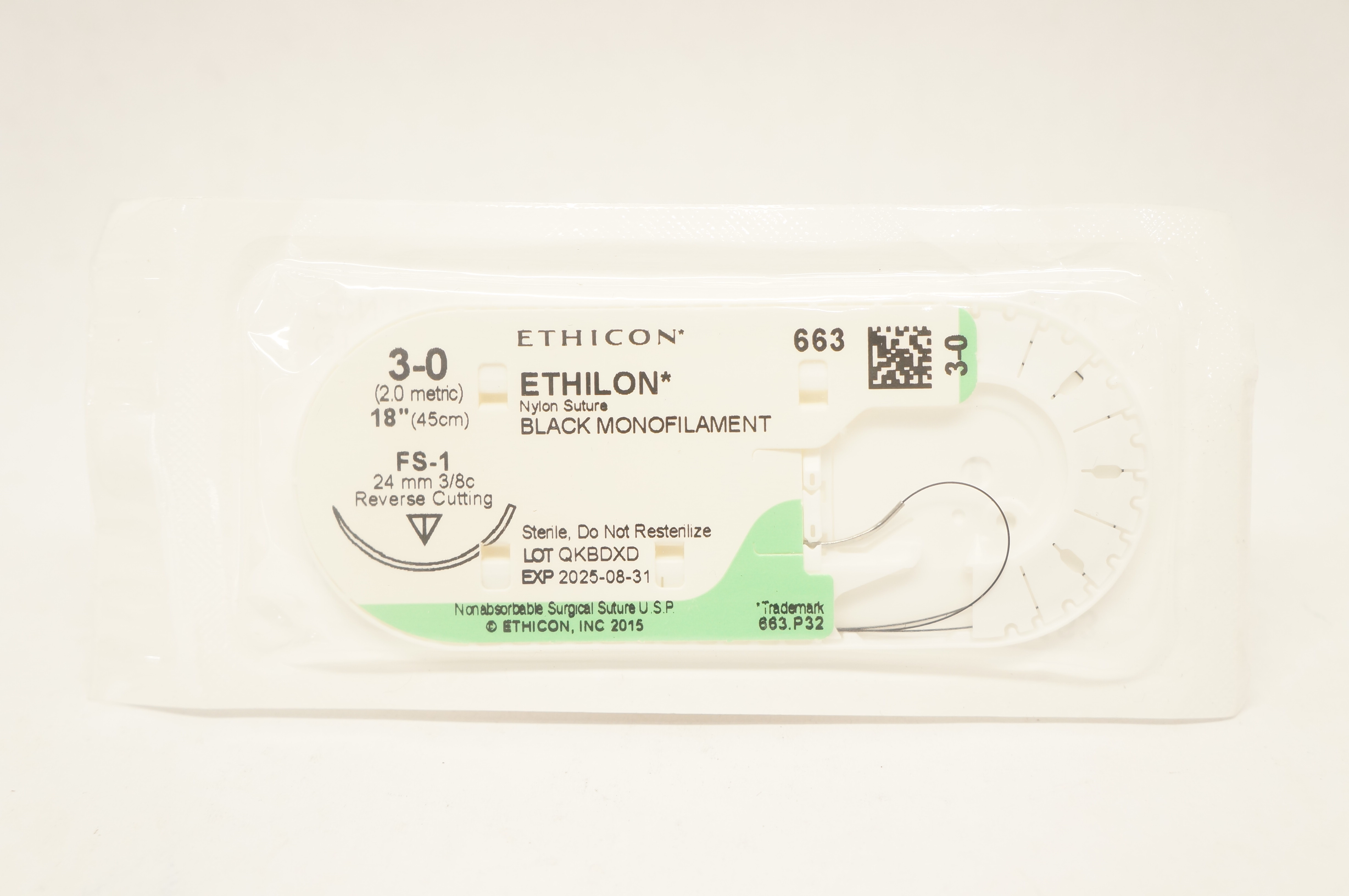 Ethicon 663 3-0 Ethilon Nylon Stre FS-1 24mm 3/8c Reverse Cutting, 18 inch