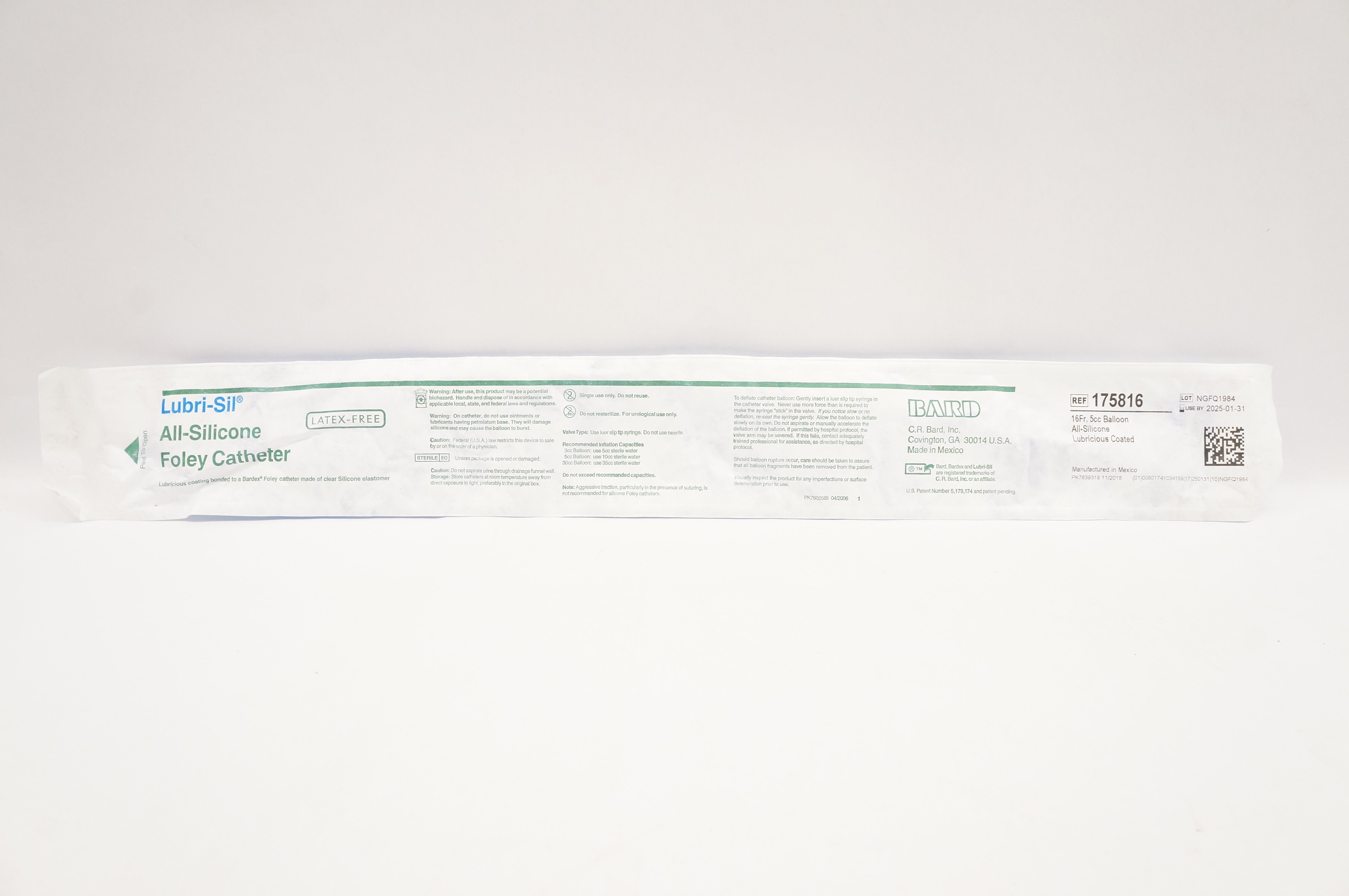 Bard 175816 Lubri-Sil All-Silicone Foley Cath. Balloon 16Fr x 5cc