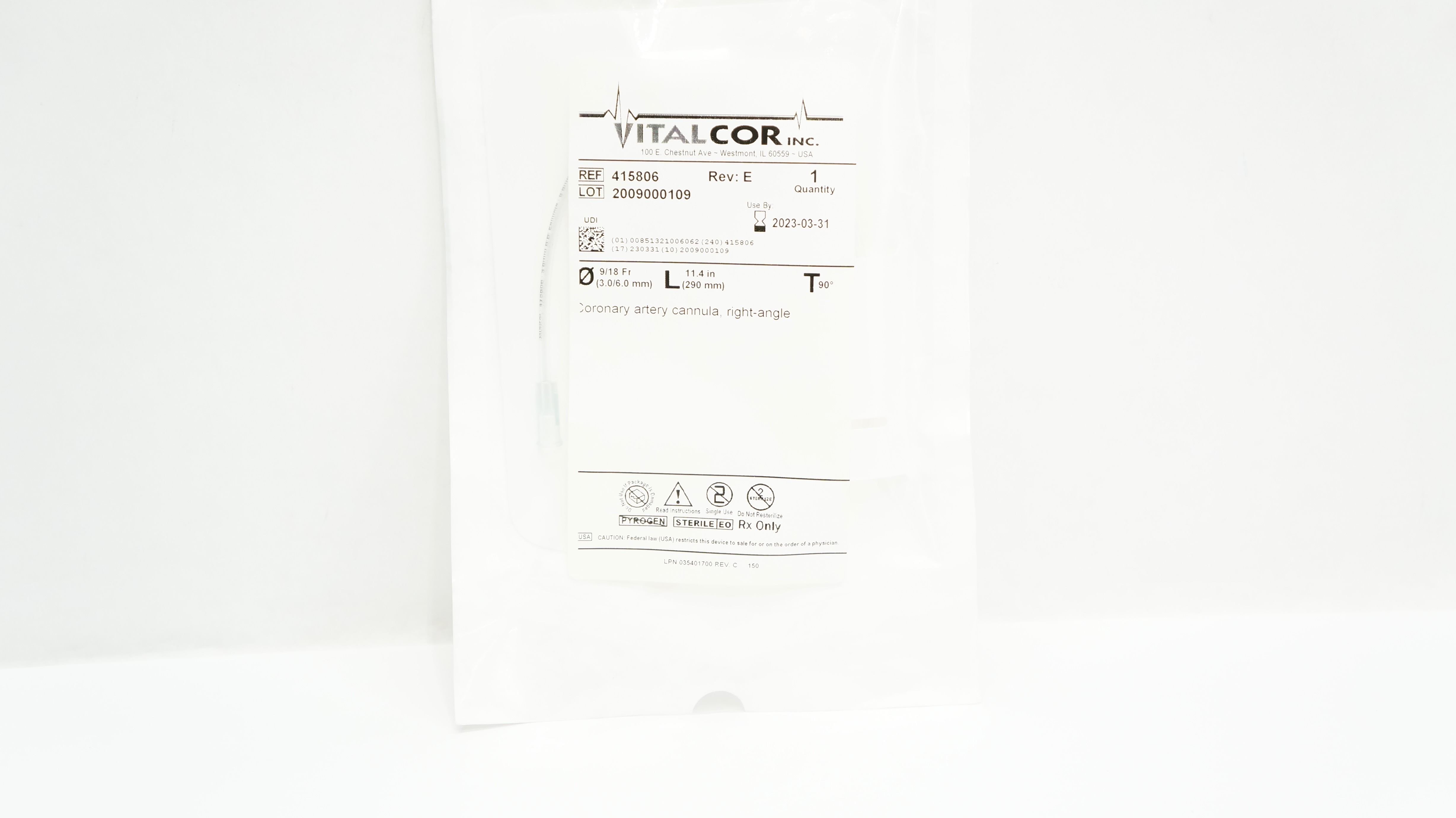 Vitalcor 415806 Coronary Artery Cannula Right-Angle 90Degree 9/18Fr x11.4inch(x)