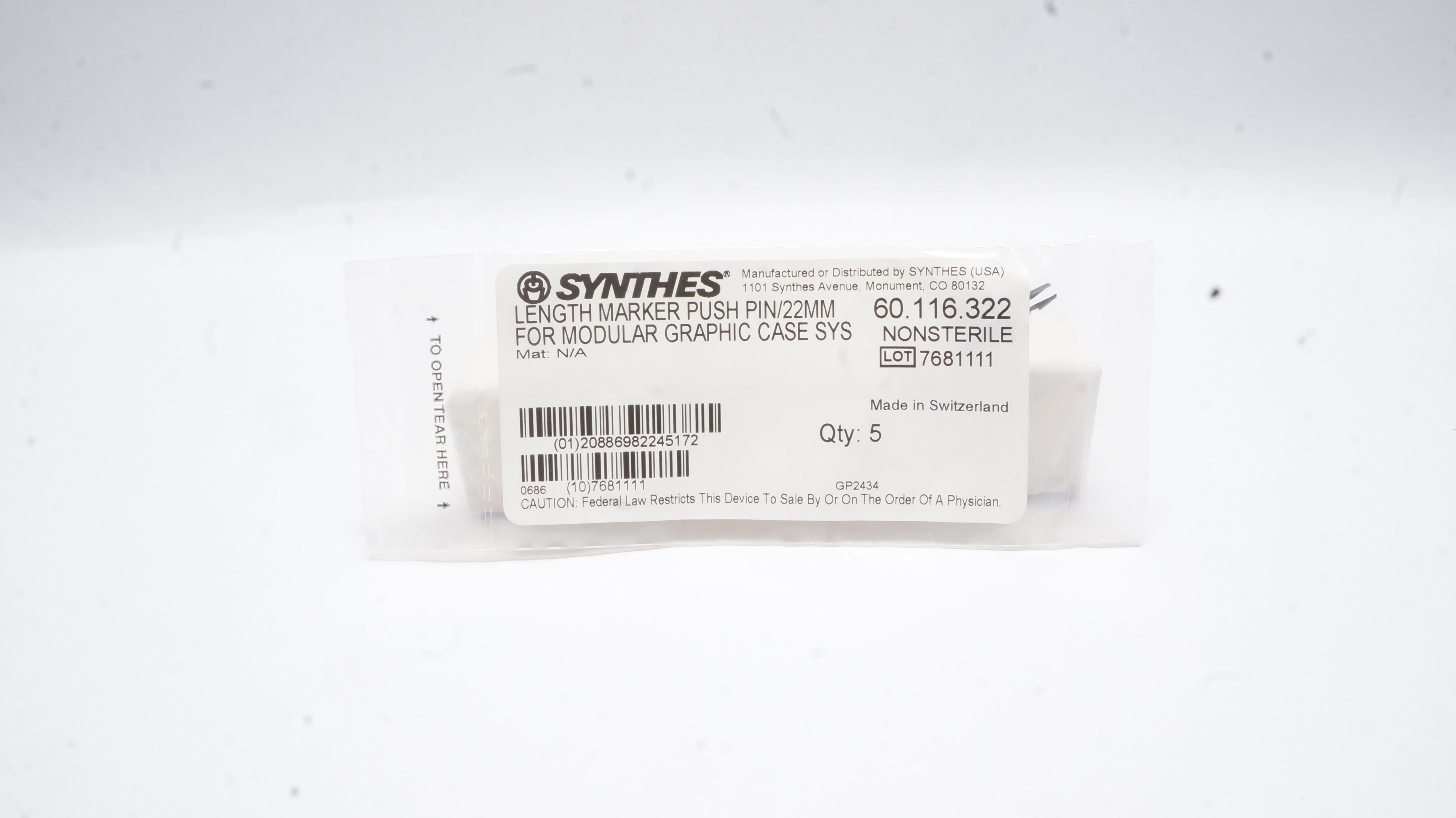 Synthes 60.116.322 Length Marker Push Pin/22mm Nonsterile - Pack of 3