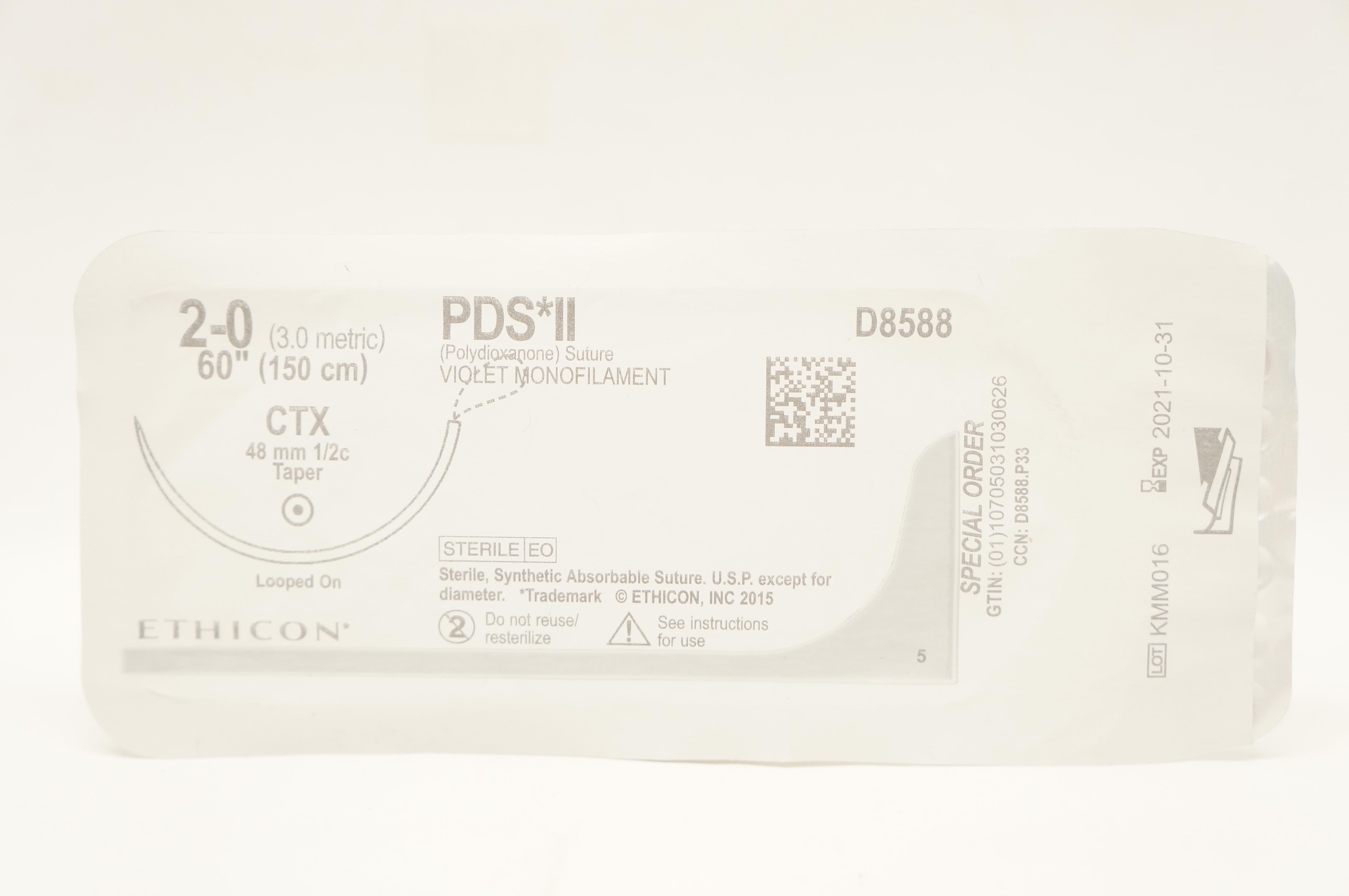 Ethicon D8588 2-0 PDS*II Violet Monofilament CTX 48mm 1/2c Taper 60inch (x)